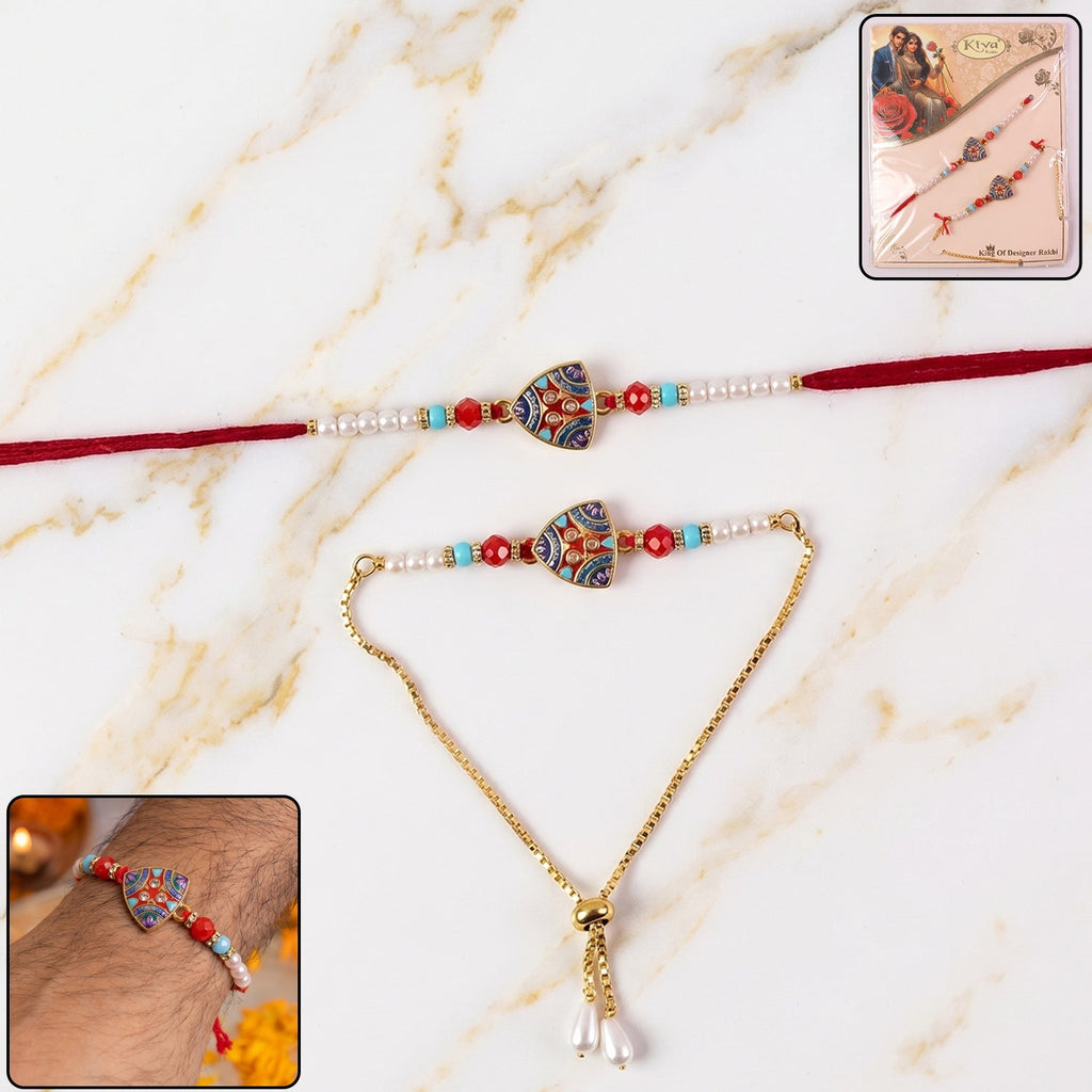 ALVENZA Premium Triangle Shape Pearl Beads lumba Rakhi – Traditional sibling gift