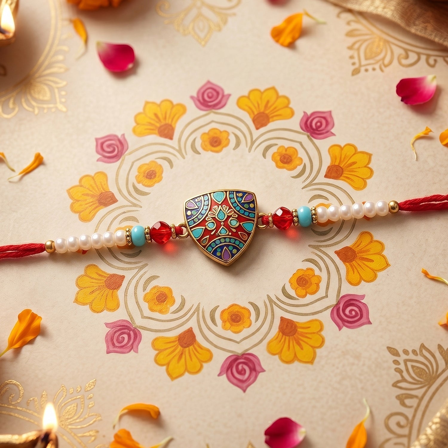 ALVENZA Premium Triangle Shape Pearl Beads lumba Rakhi – Traditional sibling gift