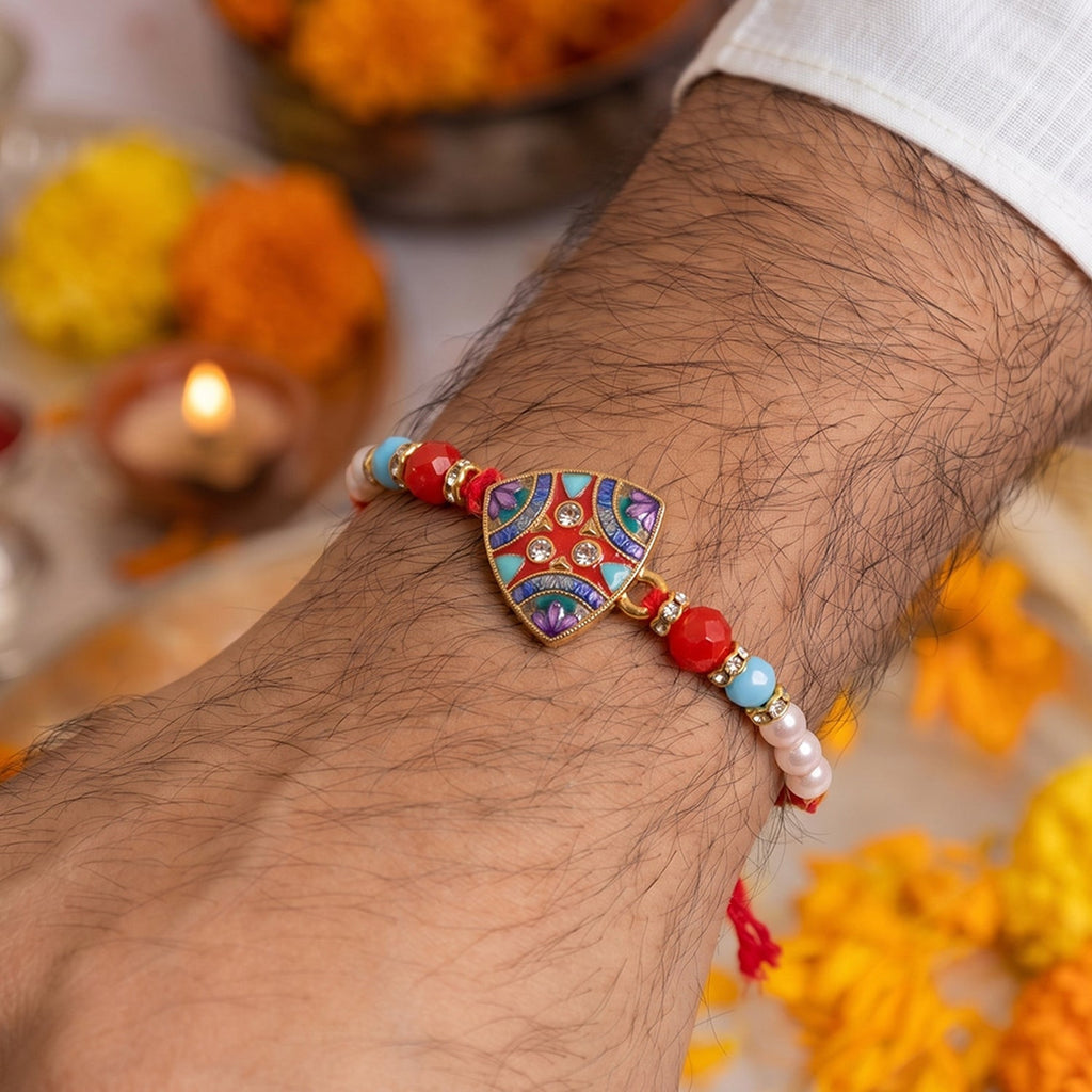 ALVENZA Premium Triangle Shape Pearl Beads lumba Rakhi – Traditional sibling gift