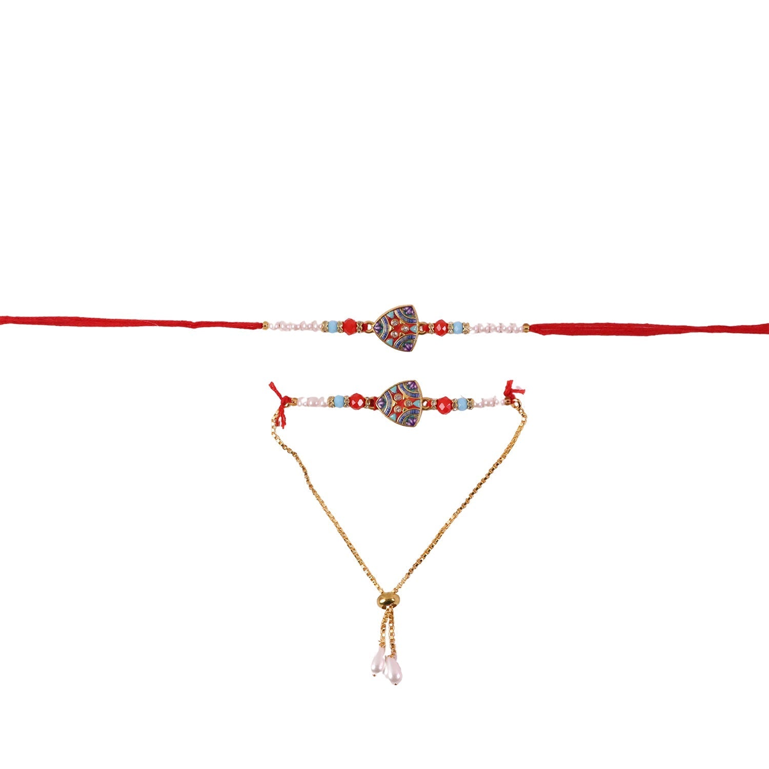 ALVENZA Premium Triangle Shape Pearl Beads lumba Rakhi – Traditional sibling gift