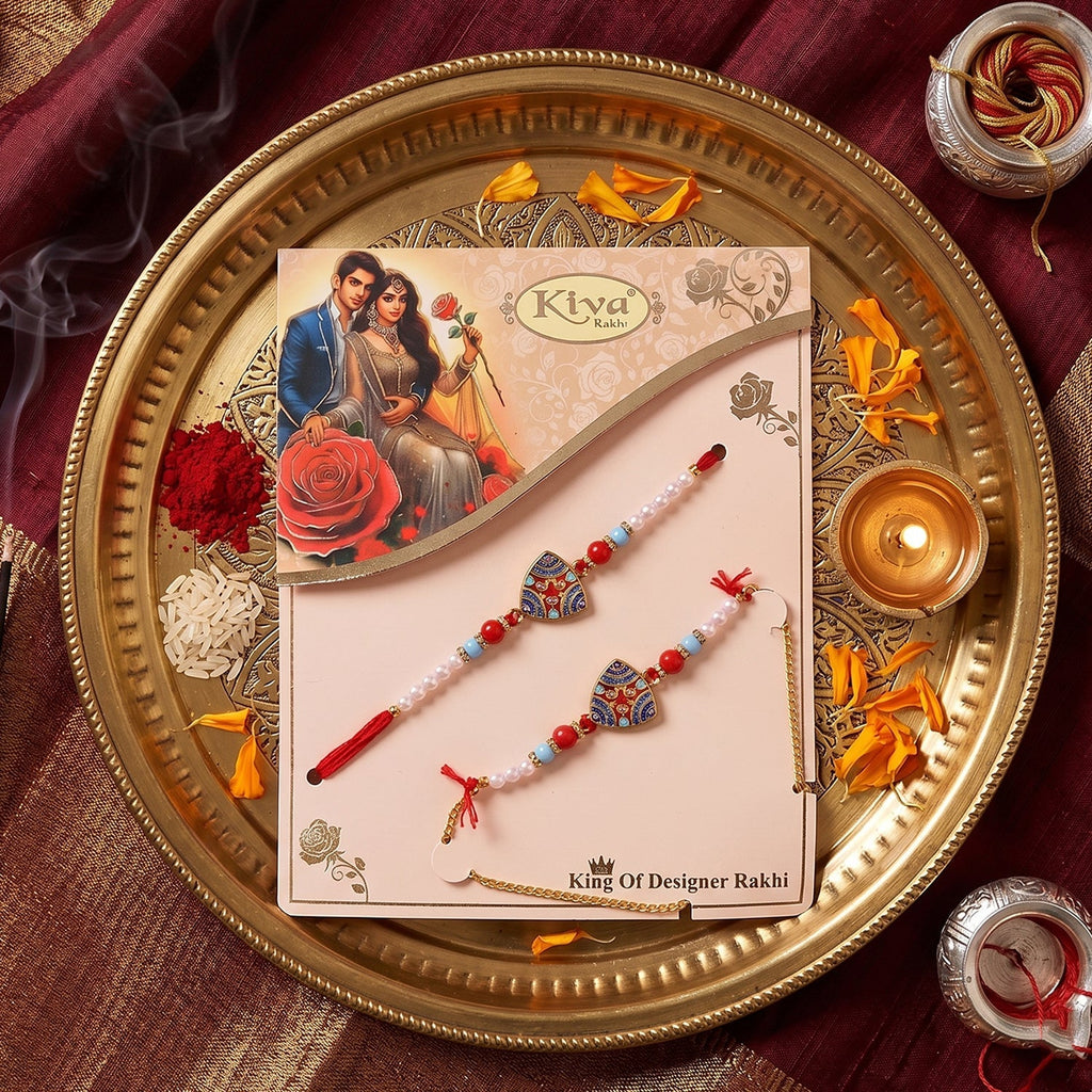 ALVENZA Premium Triangle Shape Pearl Beads lumba Rakhi – Traditional sibling gift