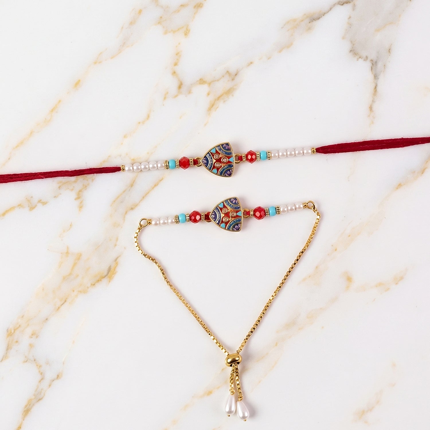ALVENZA Premium Triangle Shape Pearl Beads lumba Rakhi – Traditional sibling gift