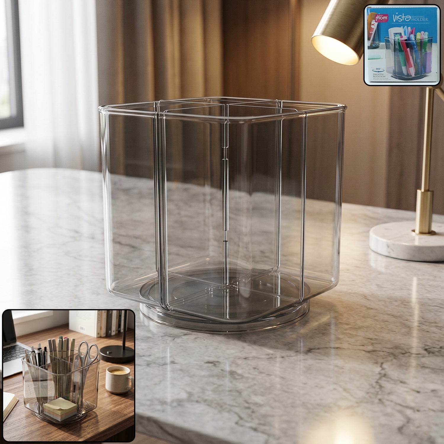Desk Organizer 360 Rotating Acrylic Pen Stand for Workspace - Side View