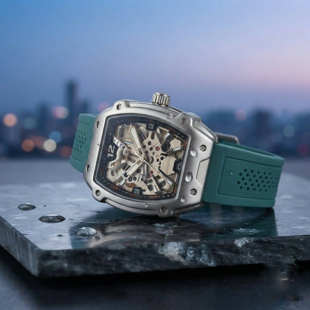 Premium Silver Dial Men's Watch With Silicone Strap For Trendy Casual Style