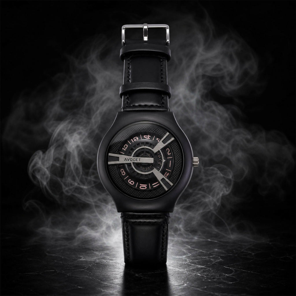 Black Luxury Watch – Elegant Rose-Gold Dial & Leather Strap