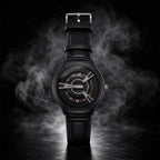 Black Luxury Watch – Elegant Rose-Gold Dial & Leather Strap