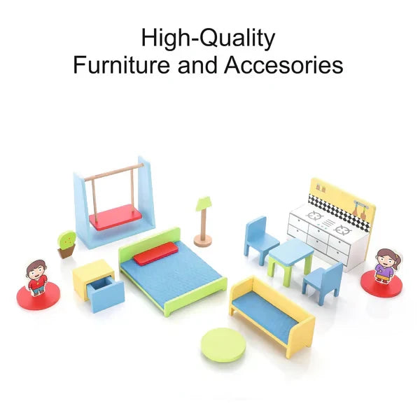 ALVENZA Wooden Doll House Set with 4 Furnished Rooms for Girls