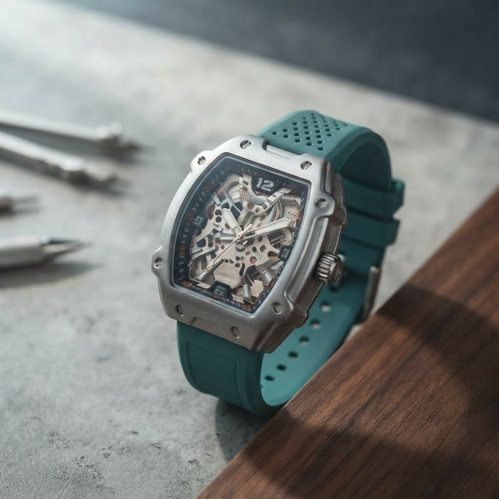 Premium Silver Dial Men's Watch With Silicone Strap For Trendy Casual Style