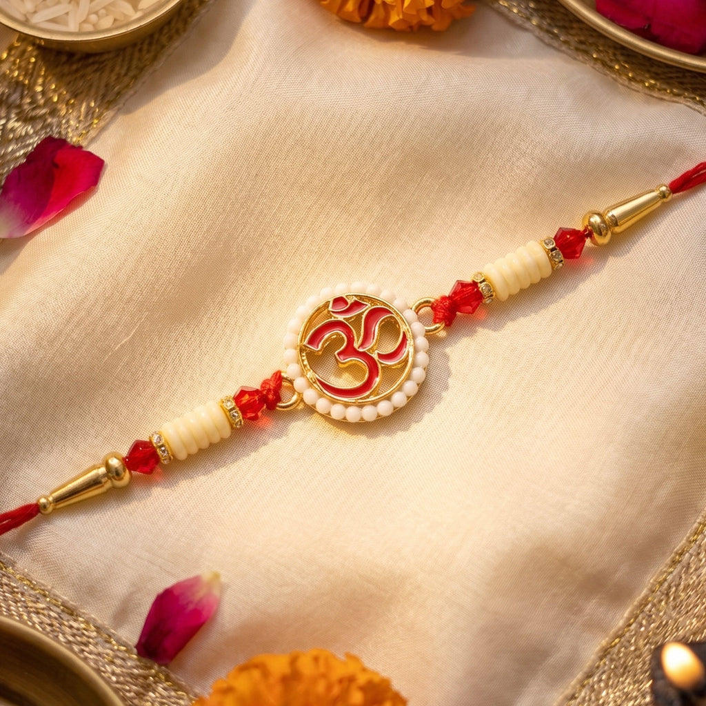 ALVENZA OM Symbol Pearl Frame Rakhi – Elegant Traditional Design for Raksha Bandhan
