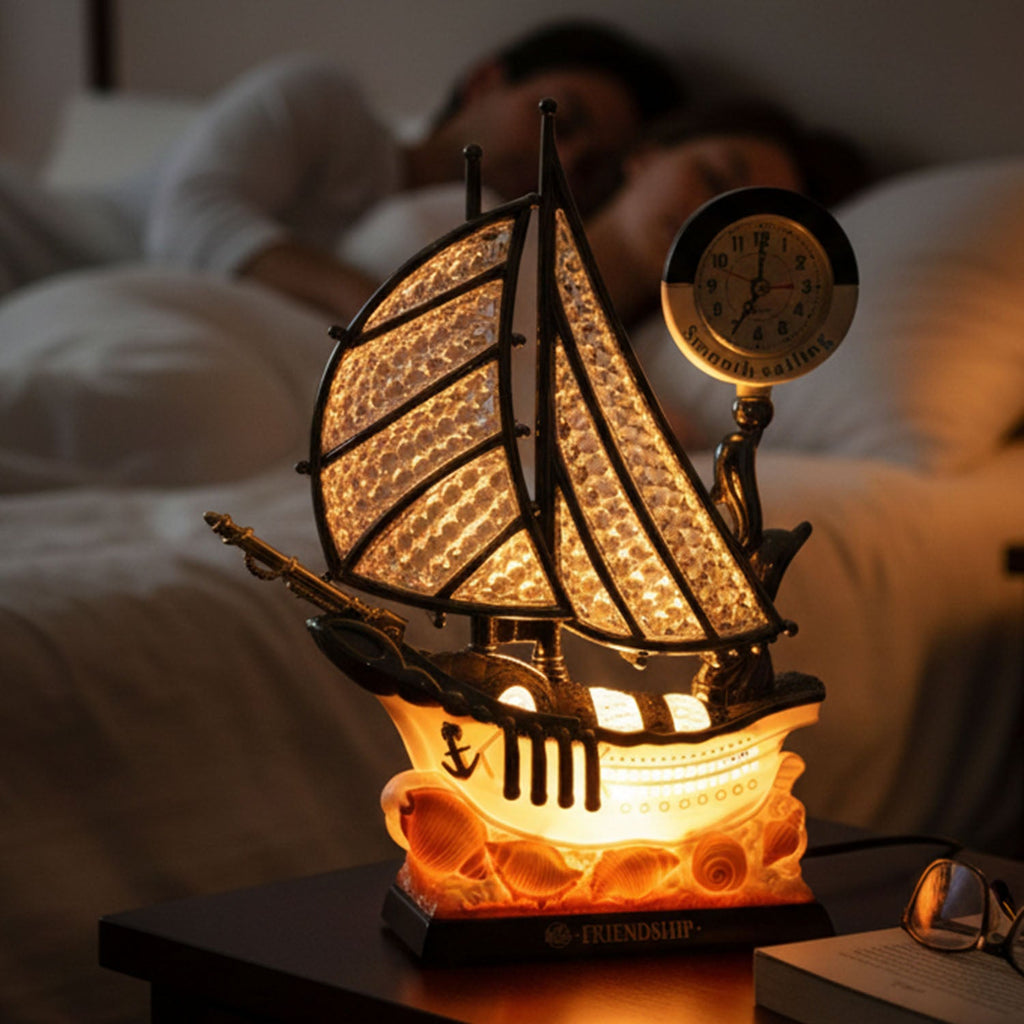 ALVENZA Ship Shape Clock Lamp – Nautical Decorative Table Lamp with Warm LED