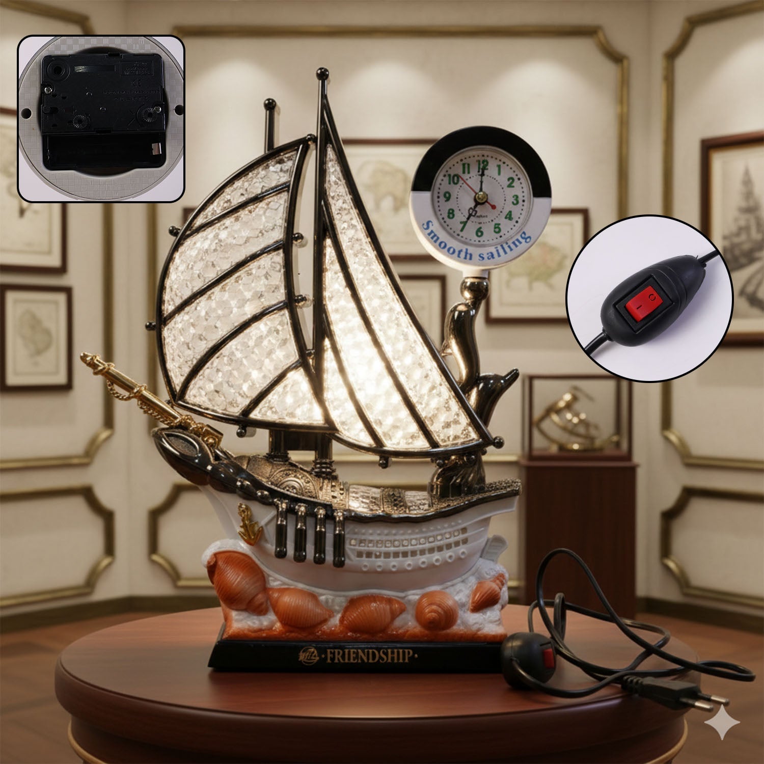 ALVENZA Ship Shape Clock Lamp – Nautical Decorative Table Lamp with Warm LED