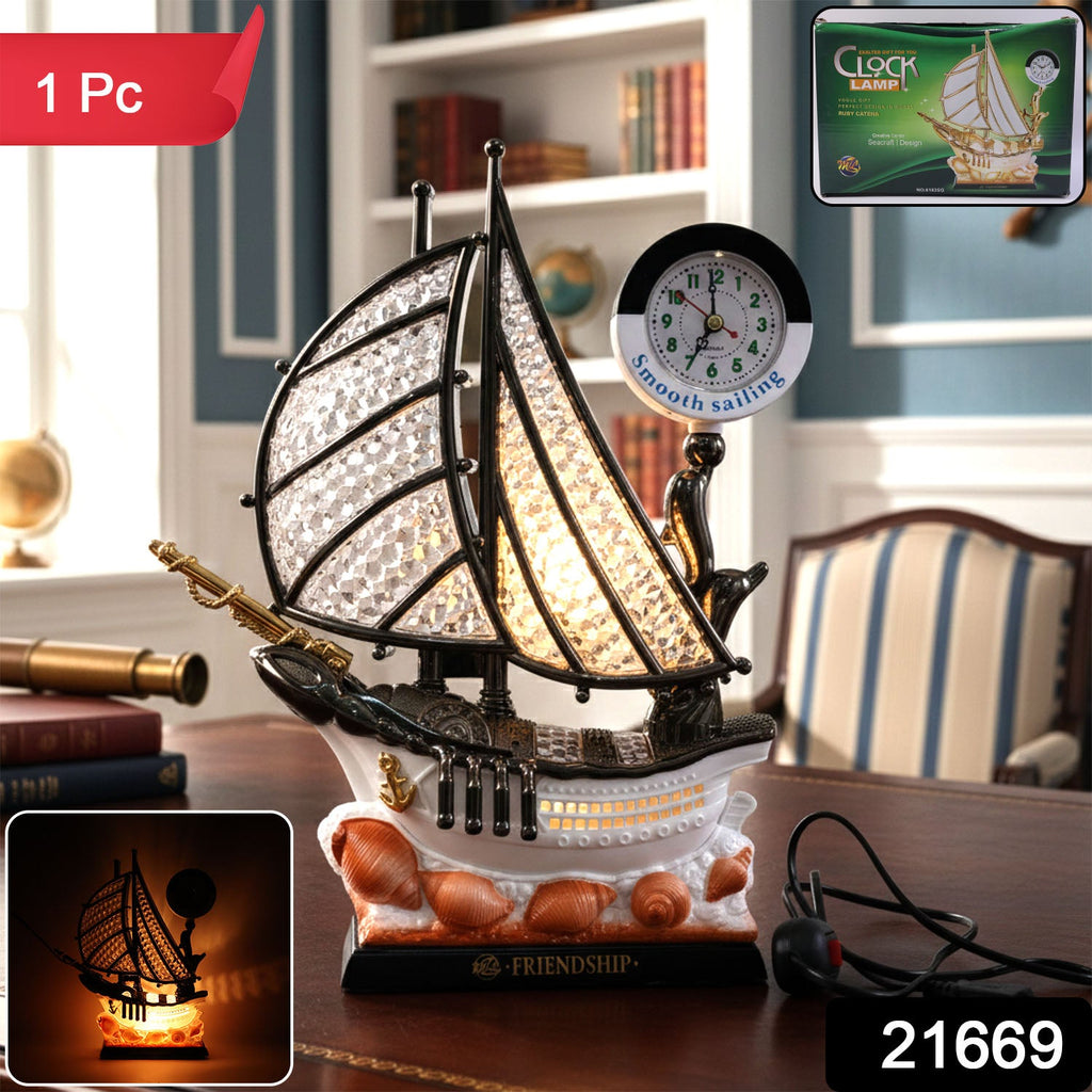 ALVENZA Ship Shape Clock Lamp – Nautical Decorative Table Lamp with Warm LED