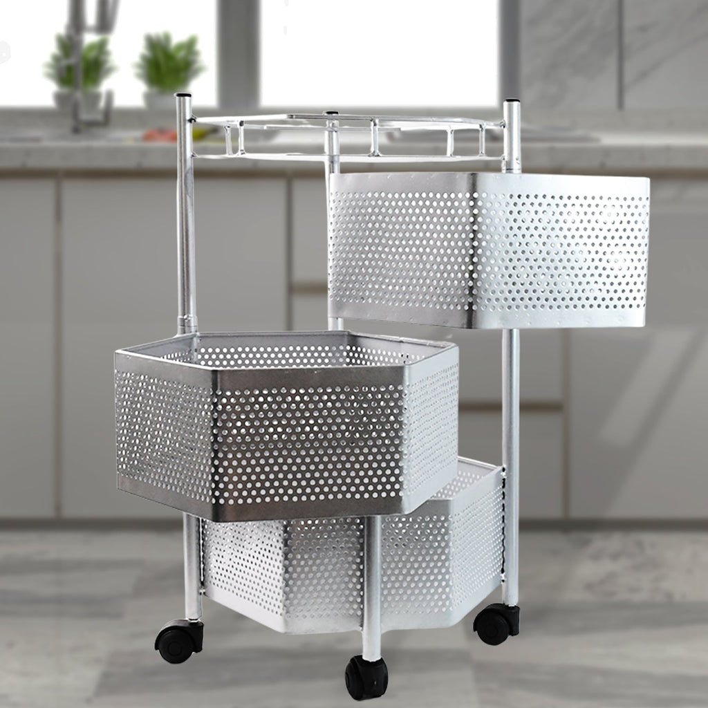 ALVENZA Kitchen Storage Trolley – Premium 3-Layer Hexagon Metal Organizer with Wheels