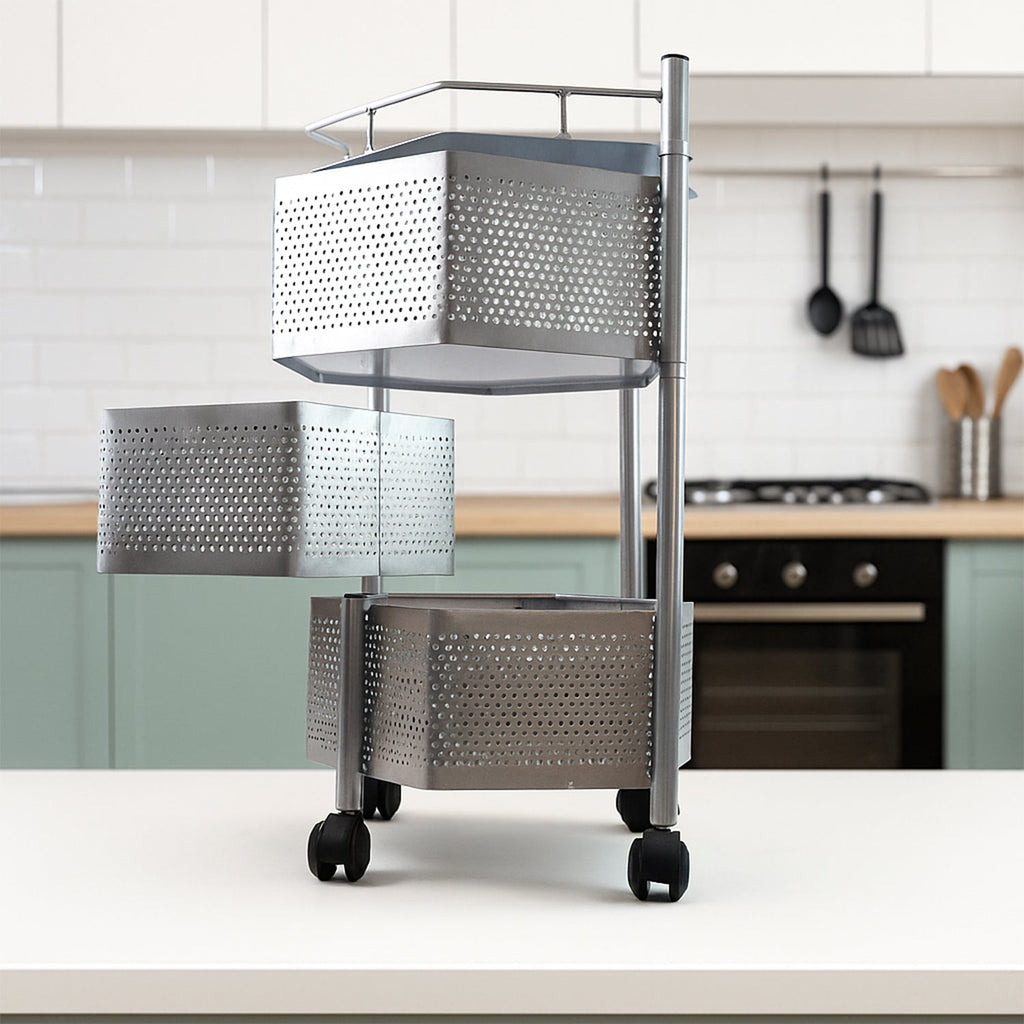 ALVENZA Kitchen Storage Trolley – Premium 3-Layer Hexagon Metal Organizer with Wheels