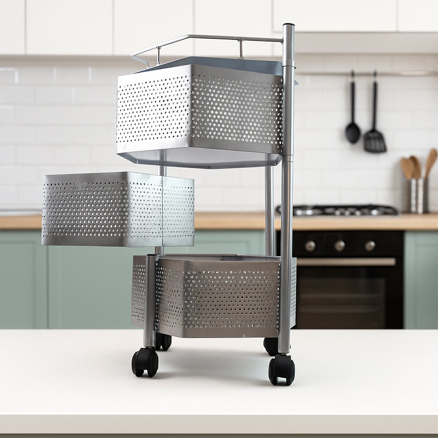 ALVENZA Kitchen Storage Trolley – Premium 3-Layer Hexagon Metal Organizer with Wheels