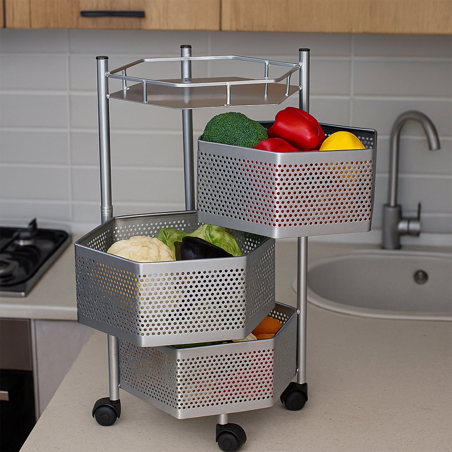 ALVENZA Kitchen Storage Trolley – Premium 3-Layer Hexagon Metal Organizer with Wheels