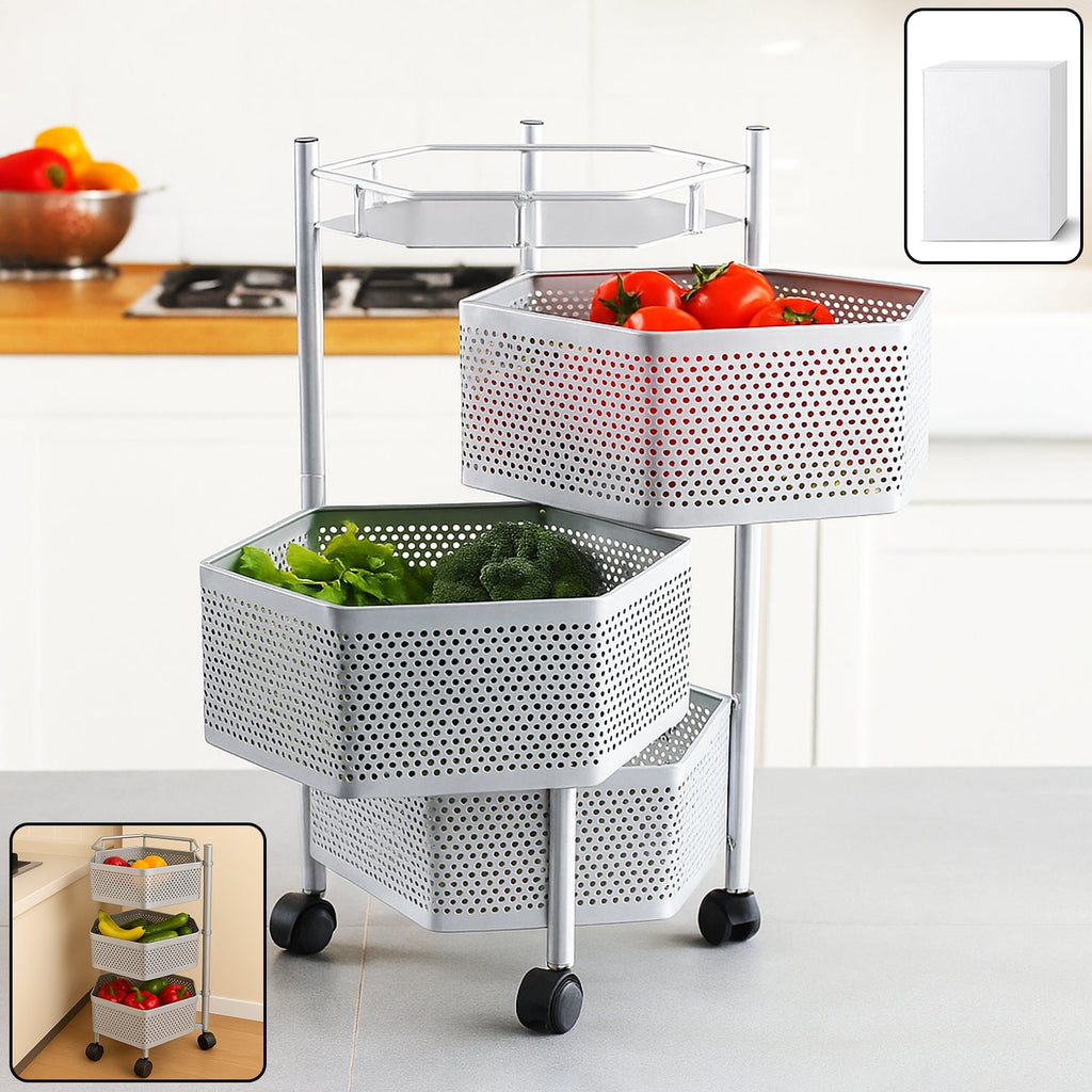 ALVENZA Kitchen Storage Trolley – Premium 3-Layer Hexagon Metal Organizer with Wheels