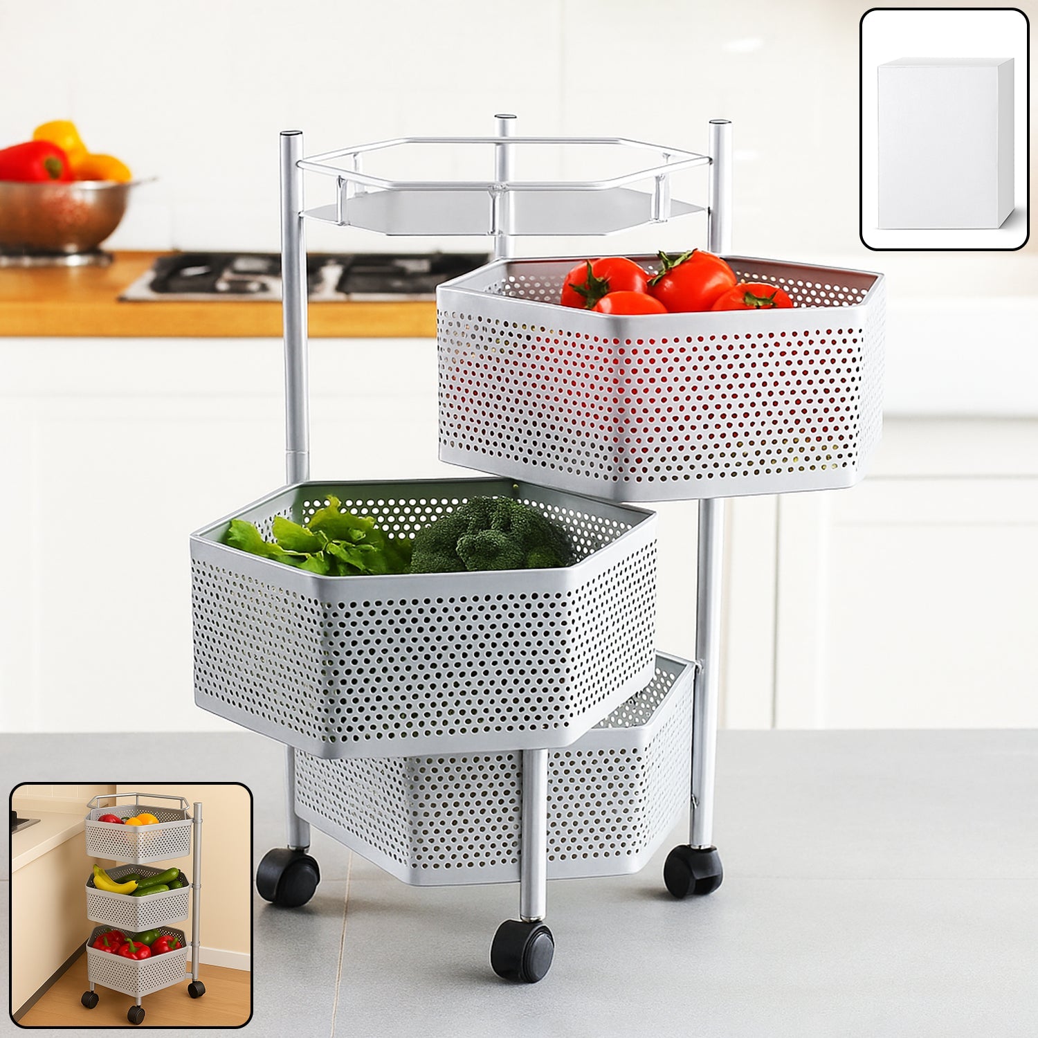 ALVENZA Kitchen Storage Trolley – Premium 3-Layer Hexagon Metal Organizer with Wheels