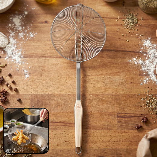 Stainless Steel Frying Skimmer – Long Handle for Safe Cooking