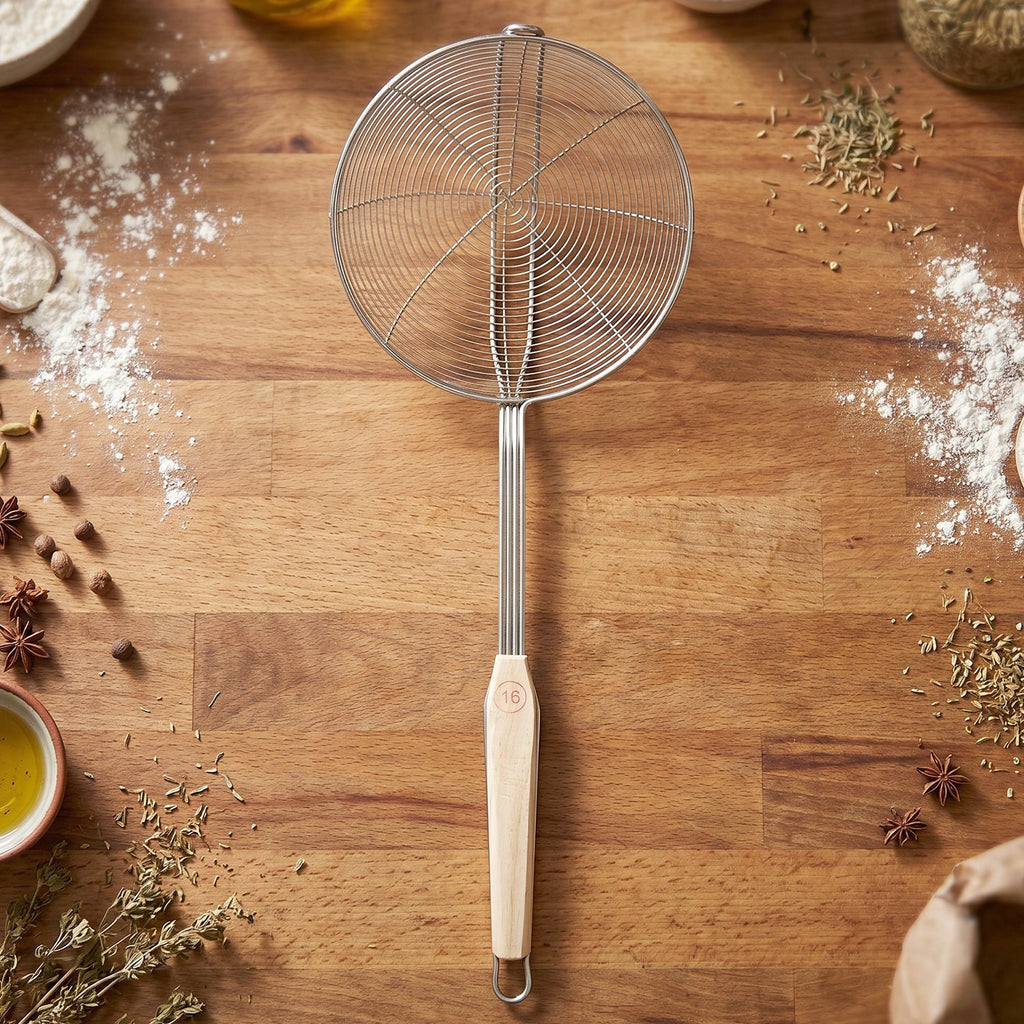 Stainless Steel Frying Skimmer Long Handle for Safe Cooking - Detail View 7