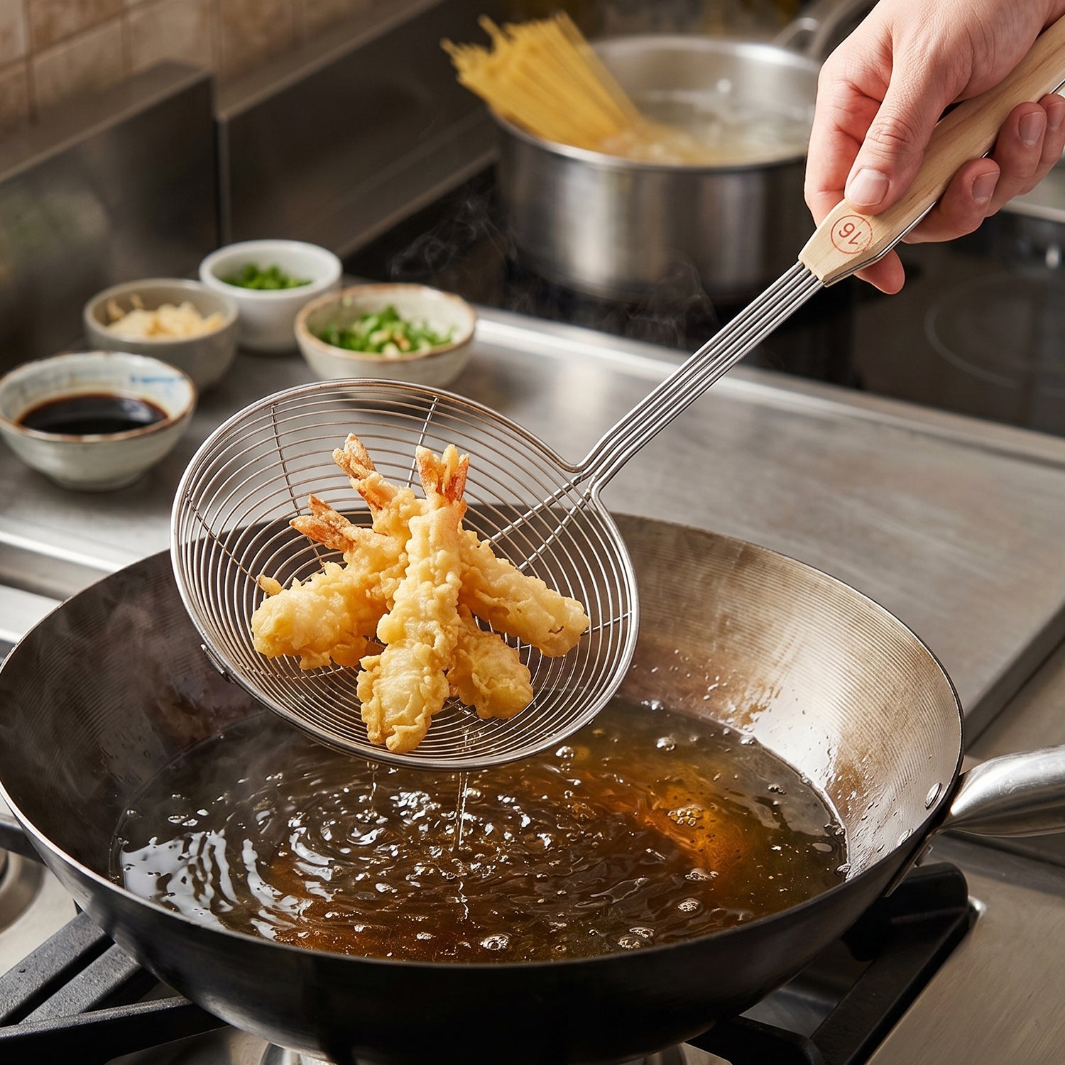 Stainless Steel Frying Skimmer Long Handle for Safe Cooking - Detail View 5