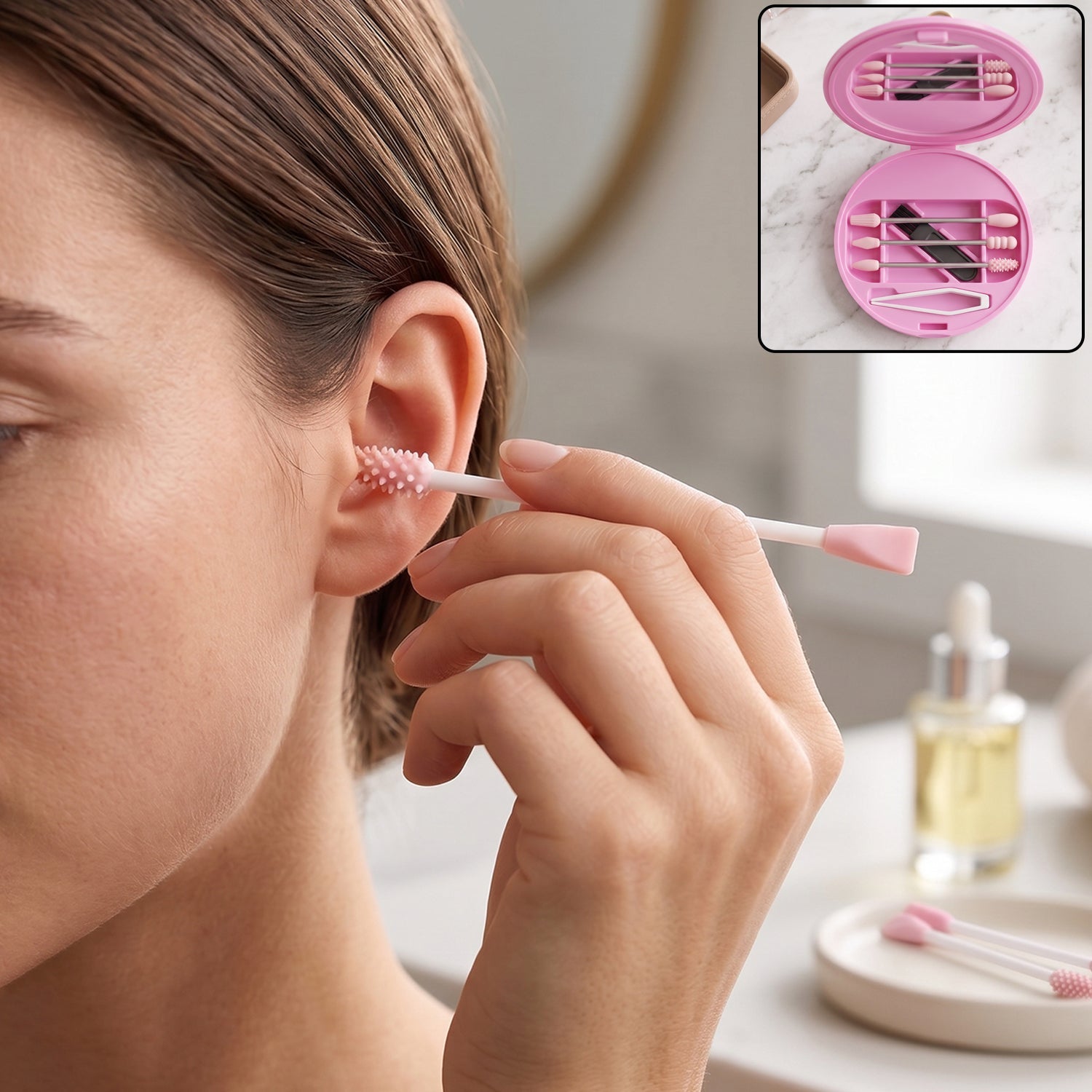 Reusable Silicone Cotton Swab Set with Mirror Case Washable Ear Buds (1 Set)