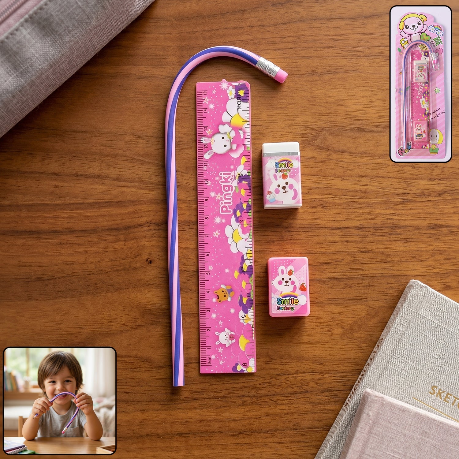 Kids Stationery Set Fun Pink Design for School & Gifting