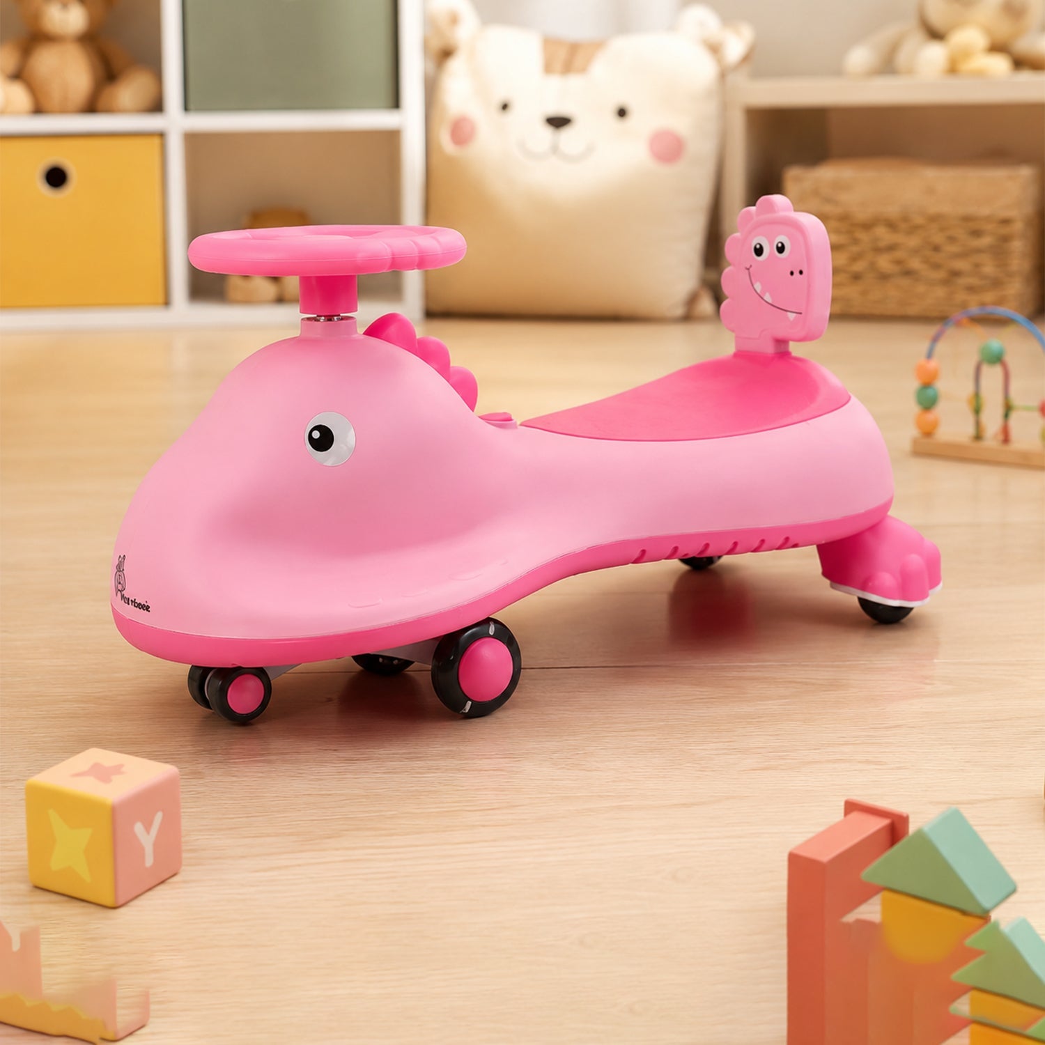 ALVENZA Kids Swing Car Ride On Toy with Music, Pink Shark Design Magic Twist Car (1 Pc)