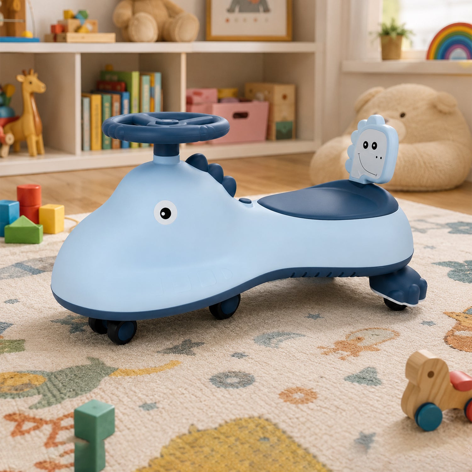 ALVENZA Kids Swing Car Ride On Toy with Music, Blue Shark Design Magic Twist Car (1 Pc)
