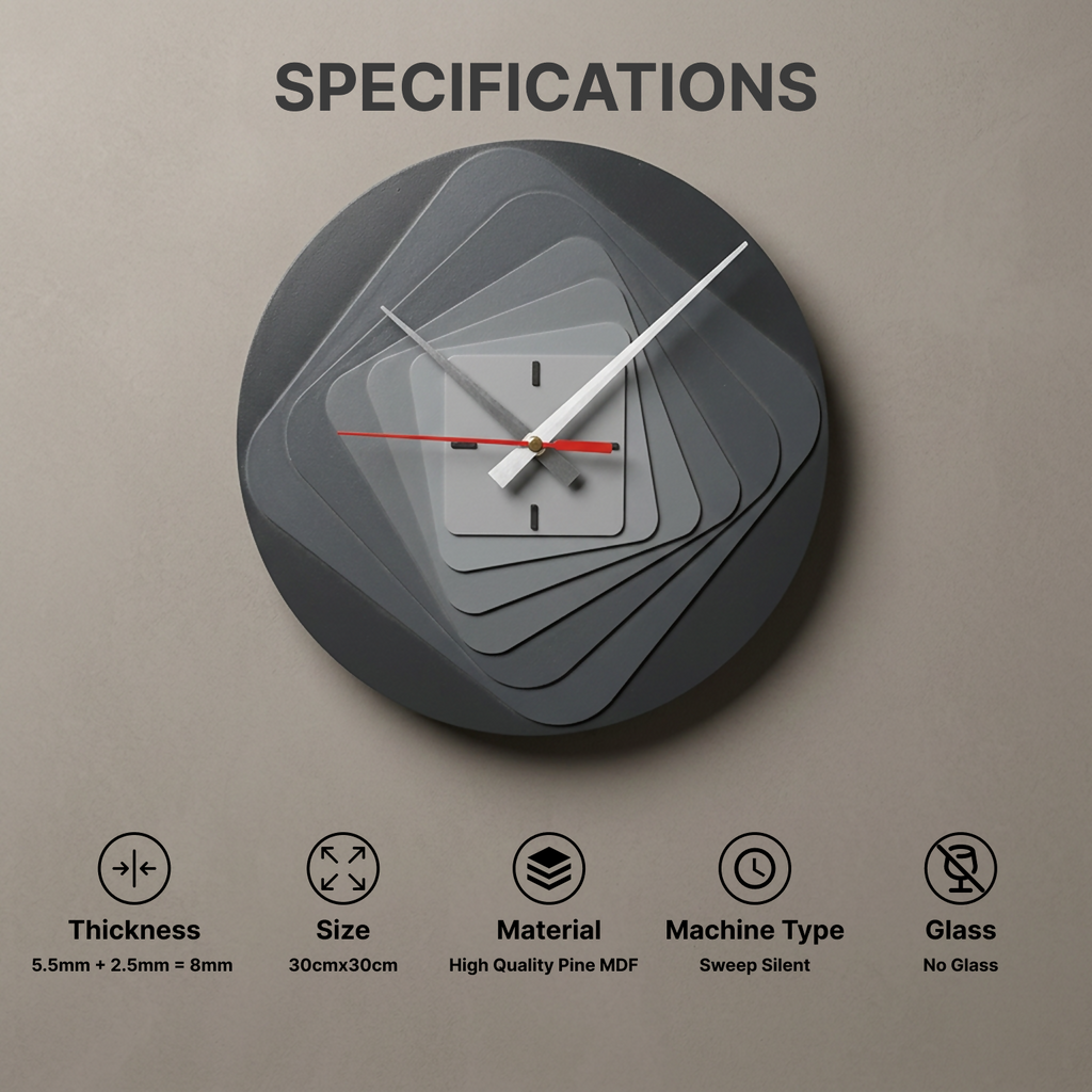 ALVENZA Modern 7-Layer Grey Wooden Wall Clock – Unique 3D Design and Silent Operation