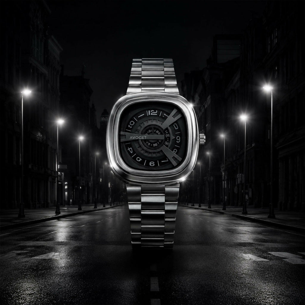 Square Analog Watch – Futuristic Black Dial with Silver Strap