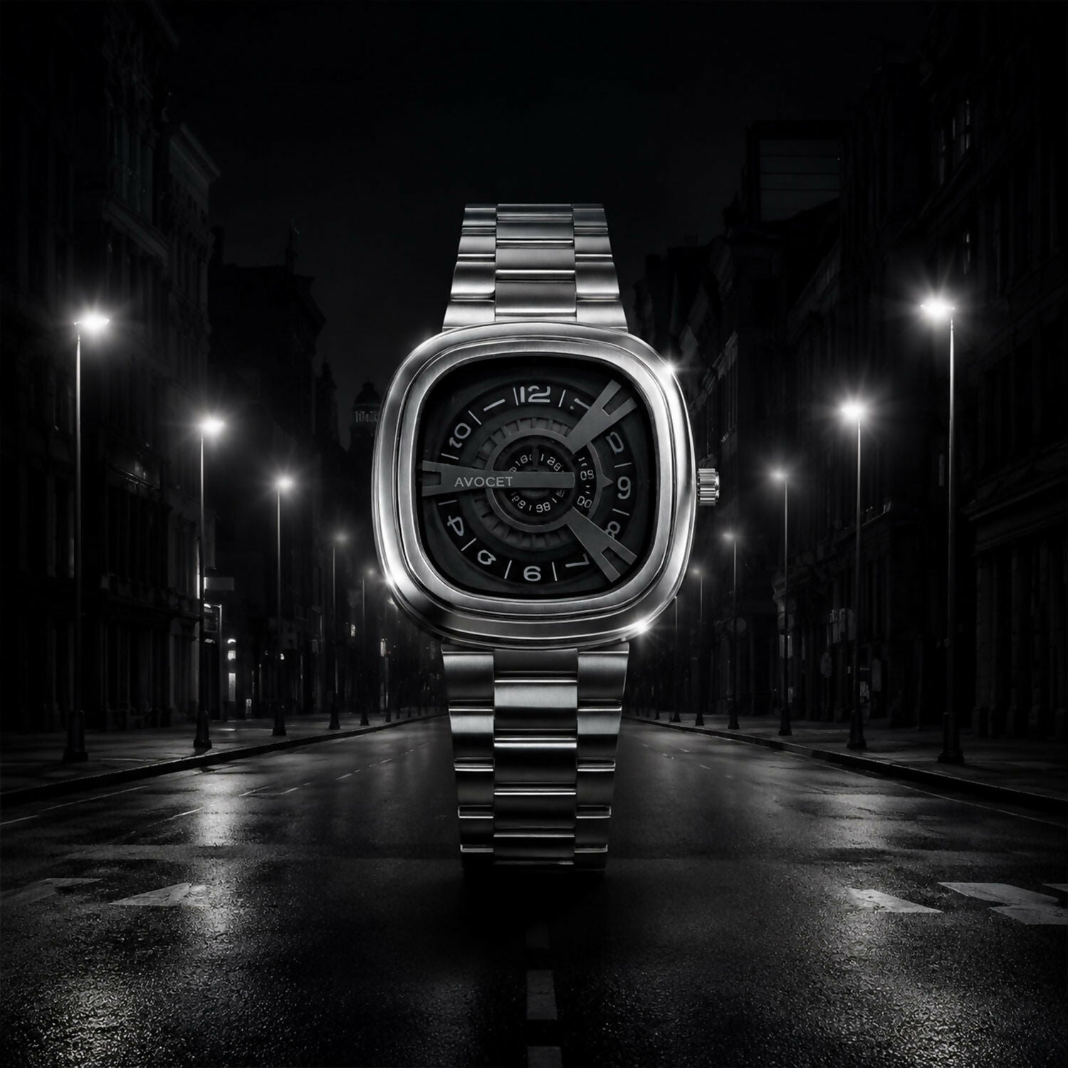 Square Analog Watch – Futuristic Black Dial with Silver Strap