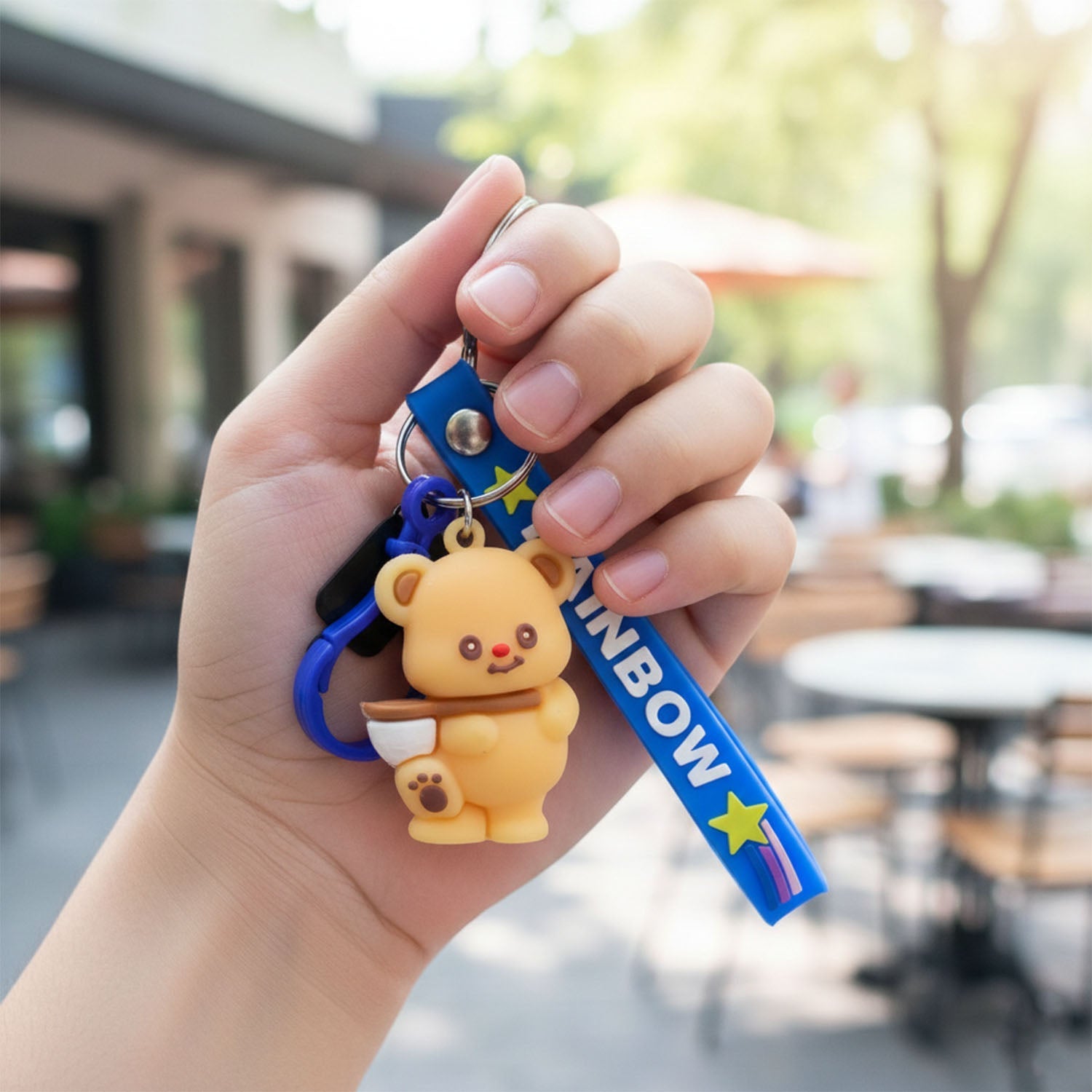 ALVENZA Cute Bear Cartoon Keychain – Rainbow Strap and Mini Popsicle Charm