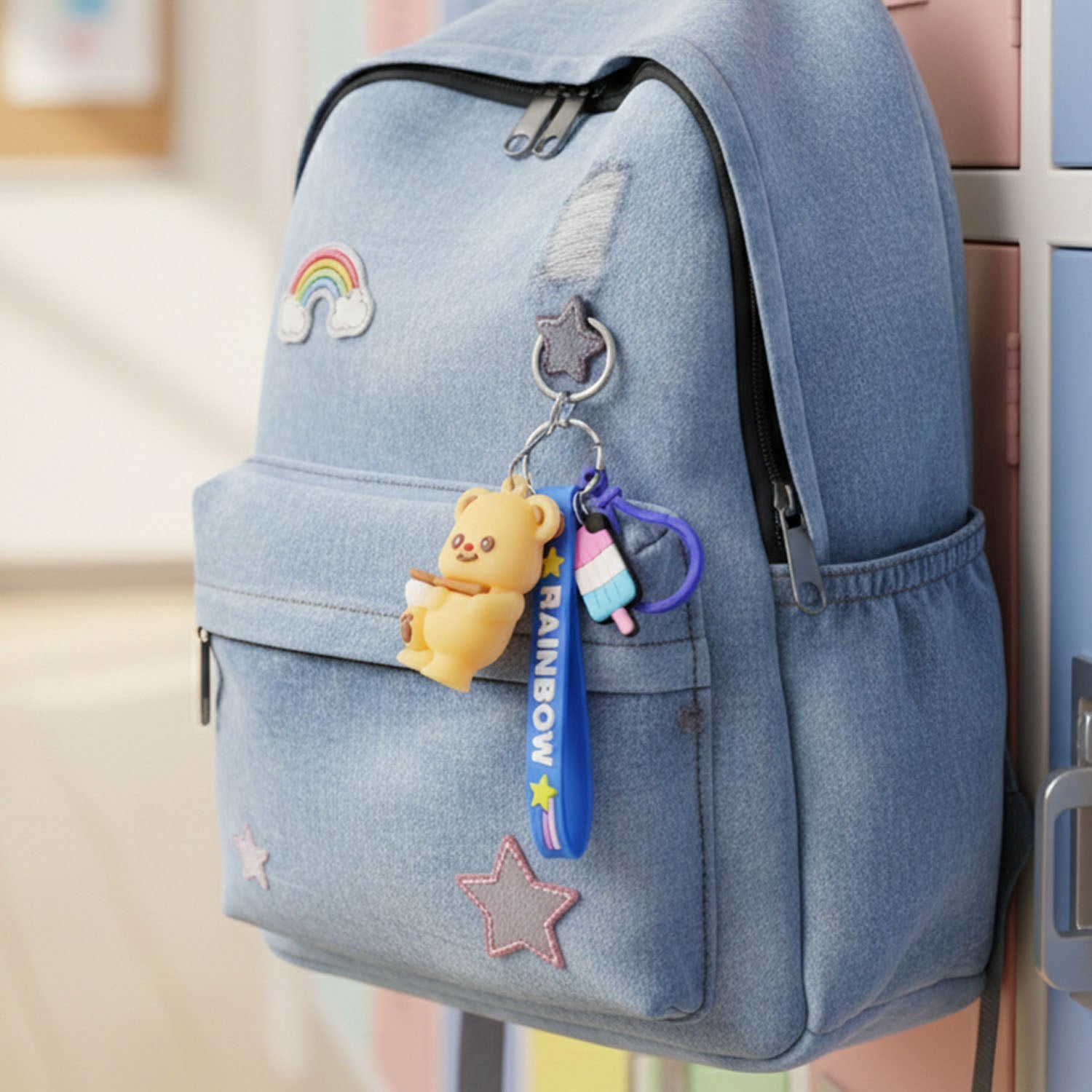 ALVENZA Cute Bear Cartoon Keychain – Rainbow Strap and Mini Popsicle Charm