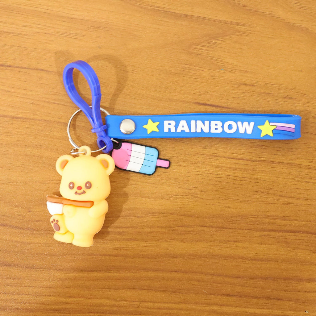 ALVENZA Cute Bear Cartoon Keychain – Rainbow Strap and Mini Popsicle Charm