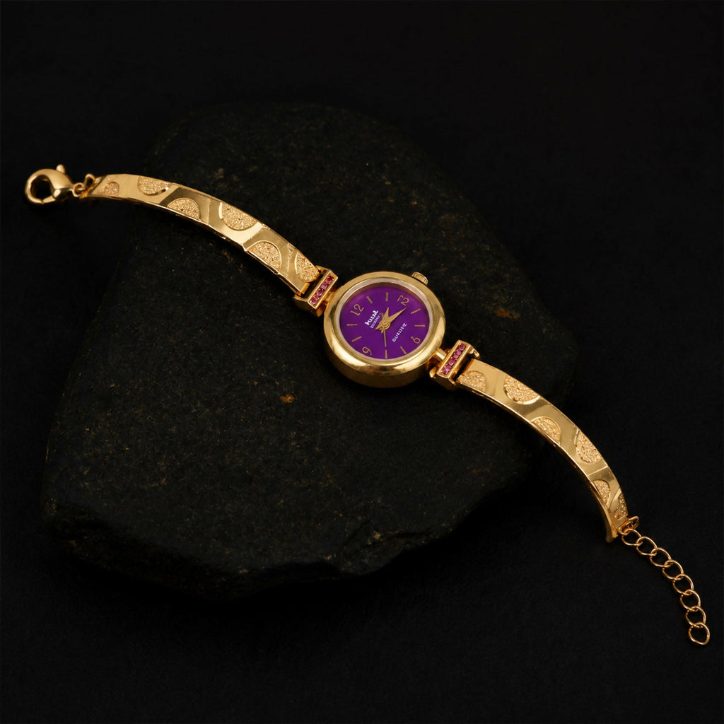Gold Plated Purple Dial Bracelet Watch With Elegant Design For Women And Girls