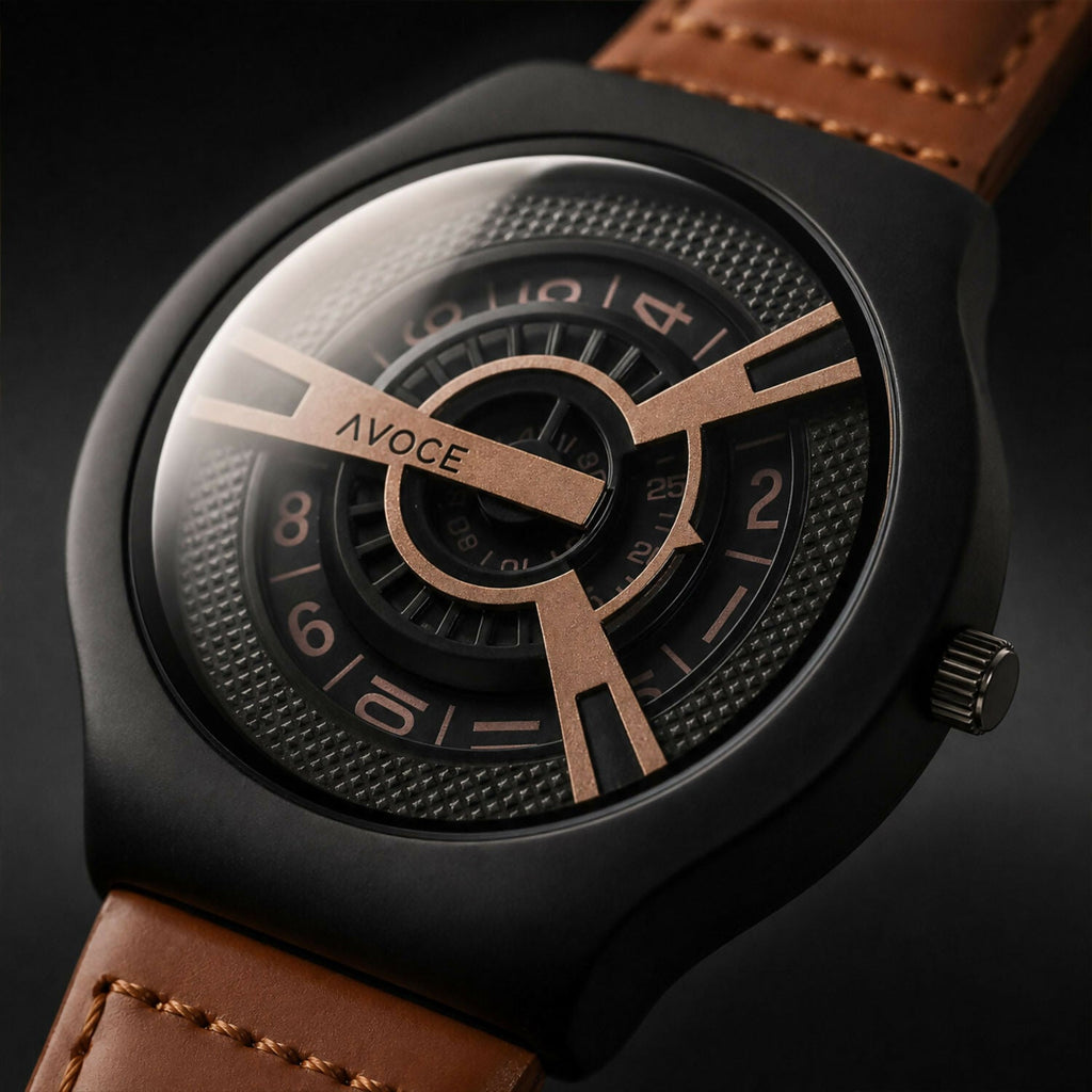 Black Round Dial Watch – Elegant Design with Tan Leather Strap