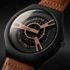 Black Round Dial Watch – Elegant Design with Tan Leather Strap