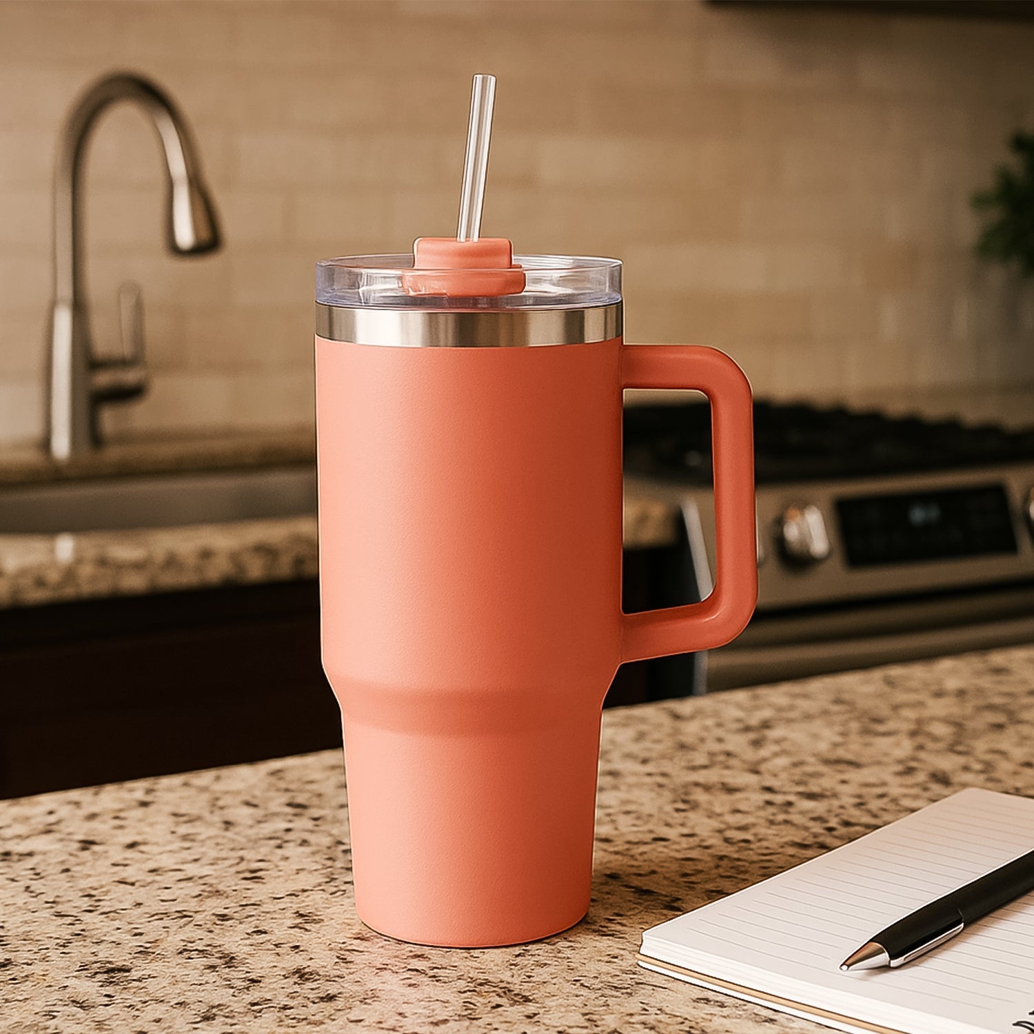 ALVENZA Insulated Travel Mug – 1200ML Peach Large Tumbler with Handle