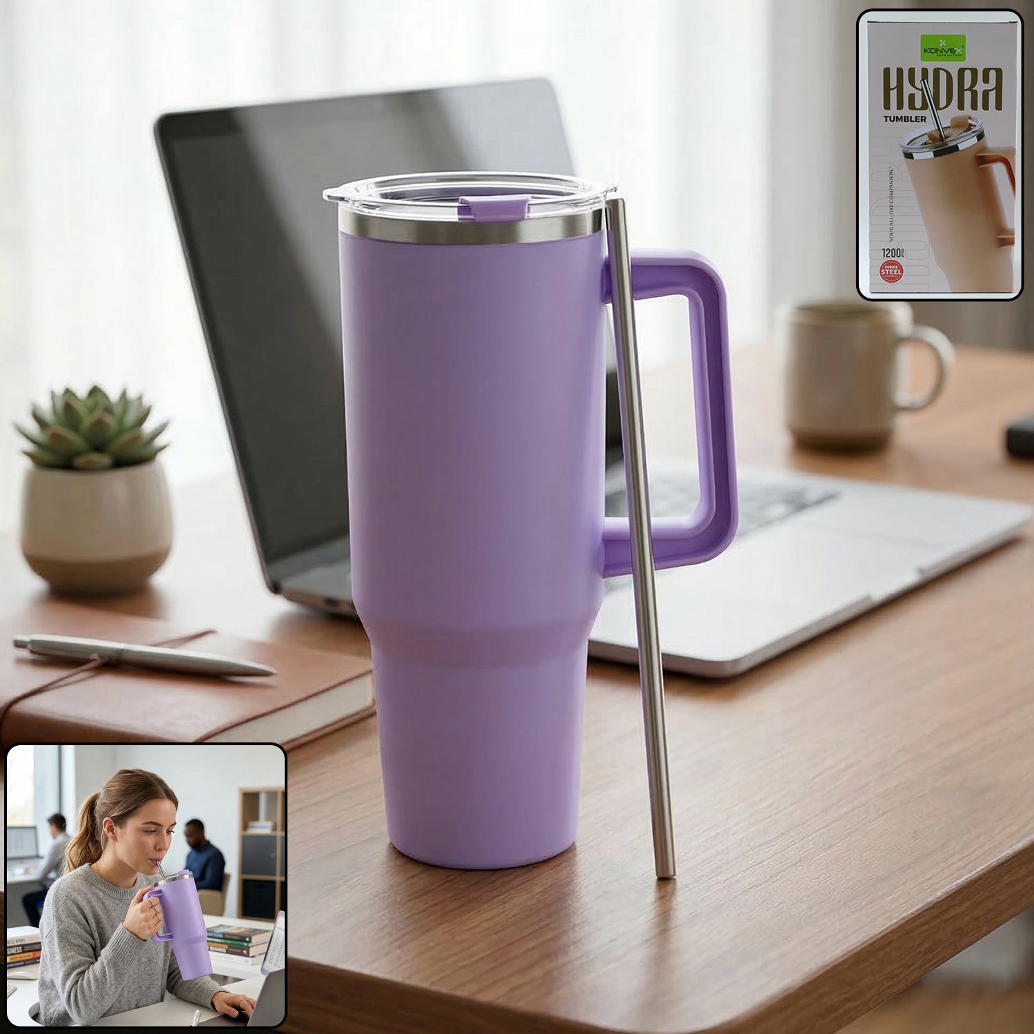 ALVENZA Insulated Tumbler Mug – Large 1200ML Capacity with Handle & Straw