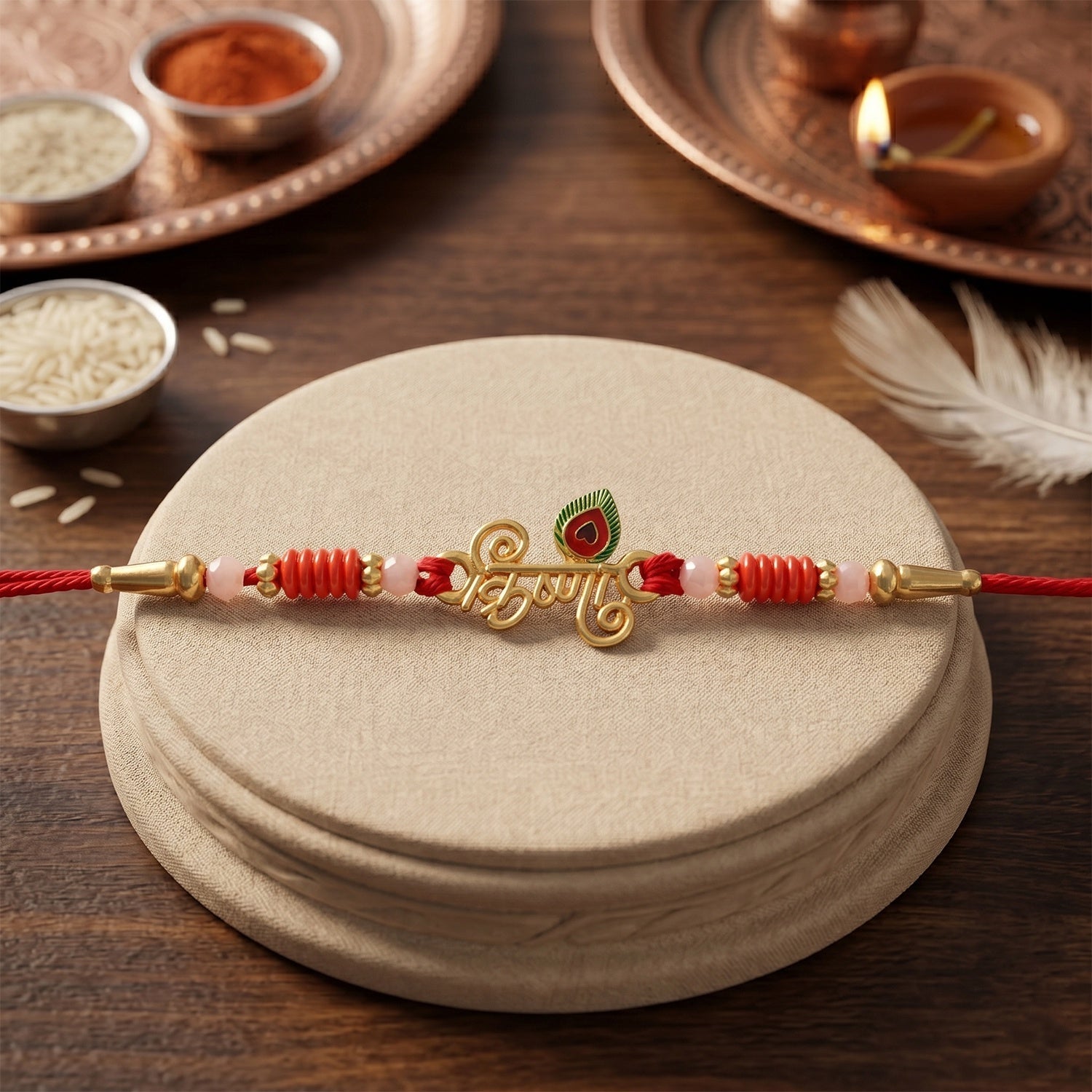 ALVENZA Krishna Naam Devnagari Peacock Feather Rakhi – Traditional Brother Gift