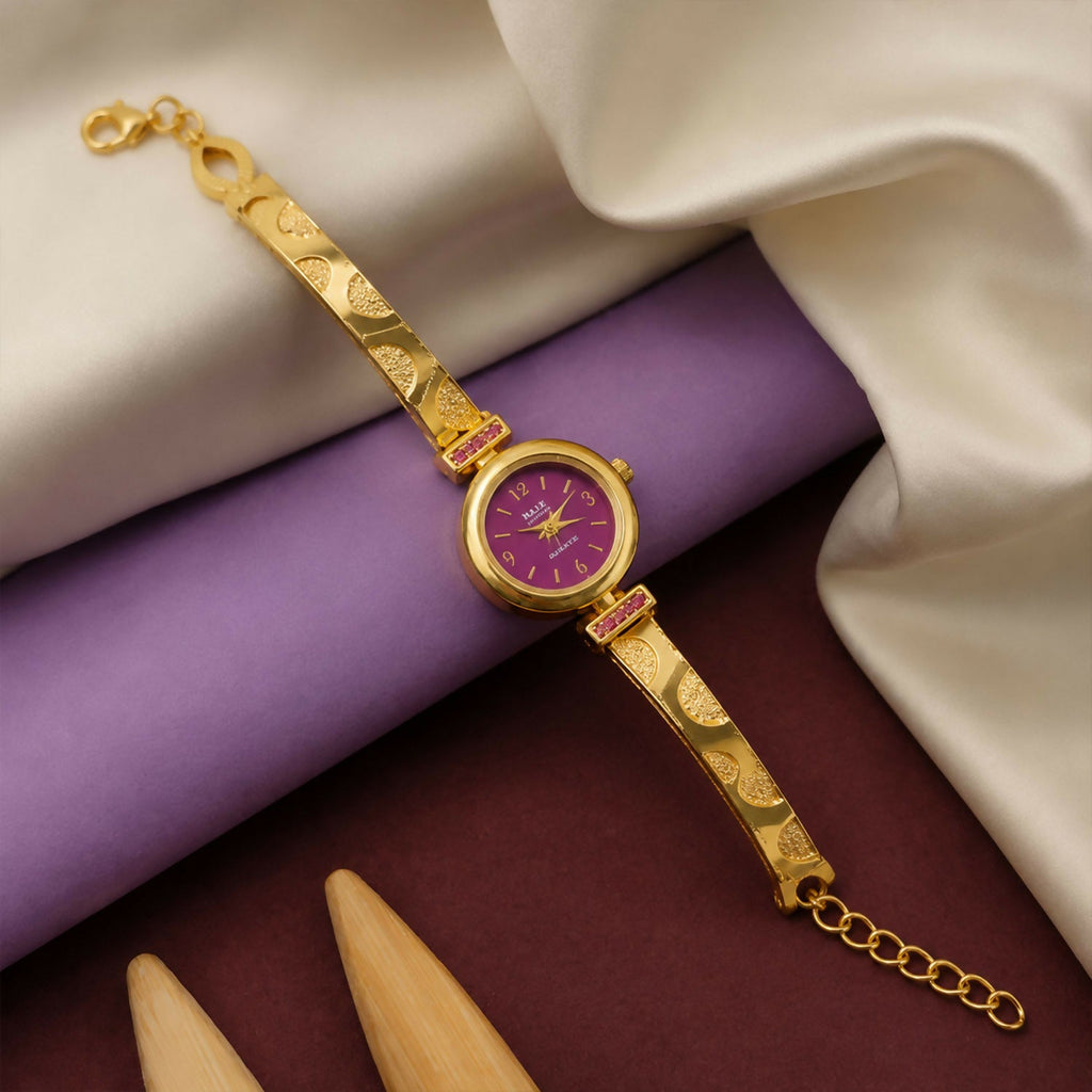 Gold Plated Purple Dial Bracelet Watch With Elegant Design For Women And Girls