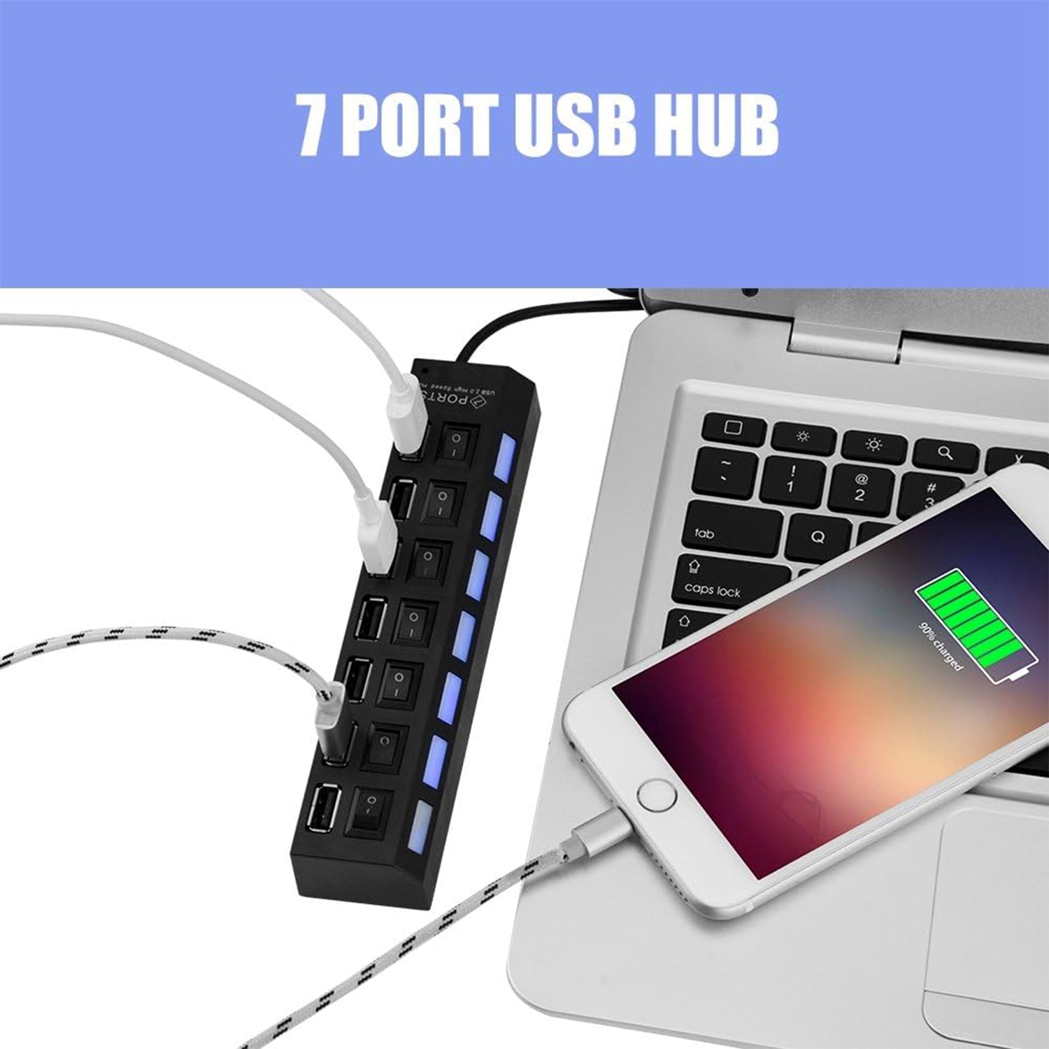 ALVENZA 7 Port USB Hub – 7-in-1 Individual Switches, LED Indicators | Compshop