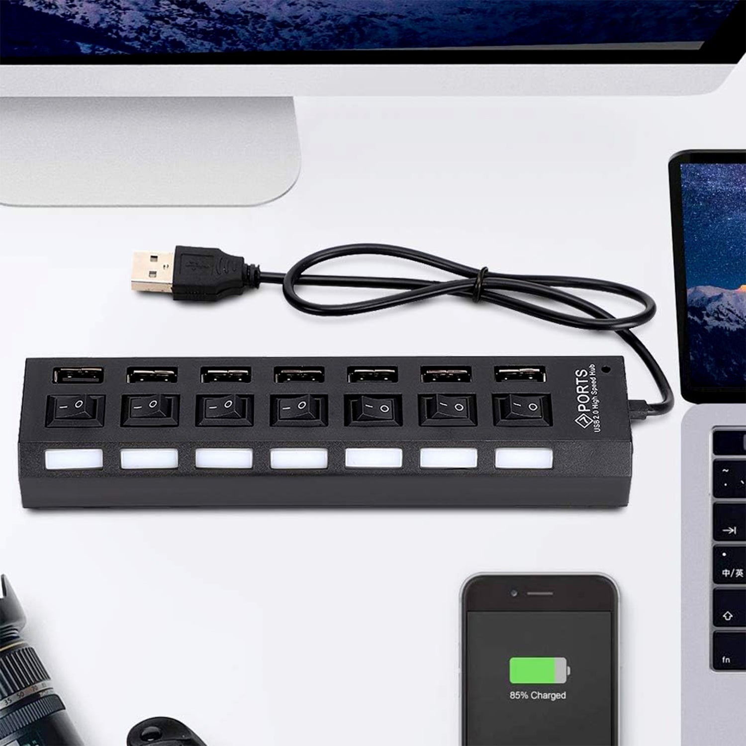 ALVENZA 7 Port USB Hub – 7-in-1 Individual Switches, LED Indicators | Compshop