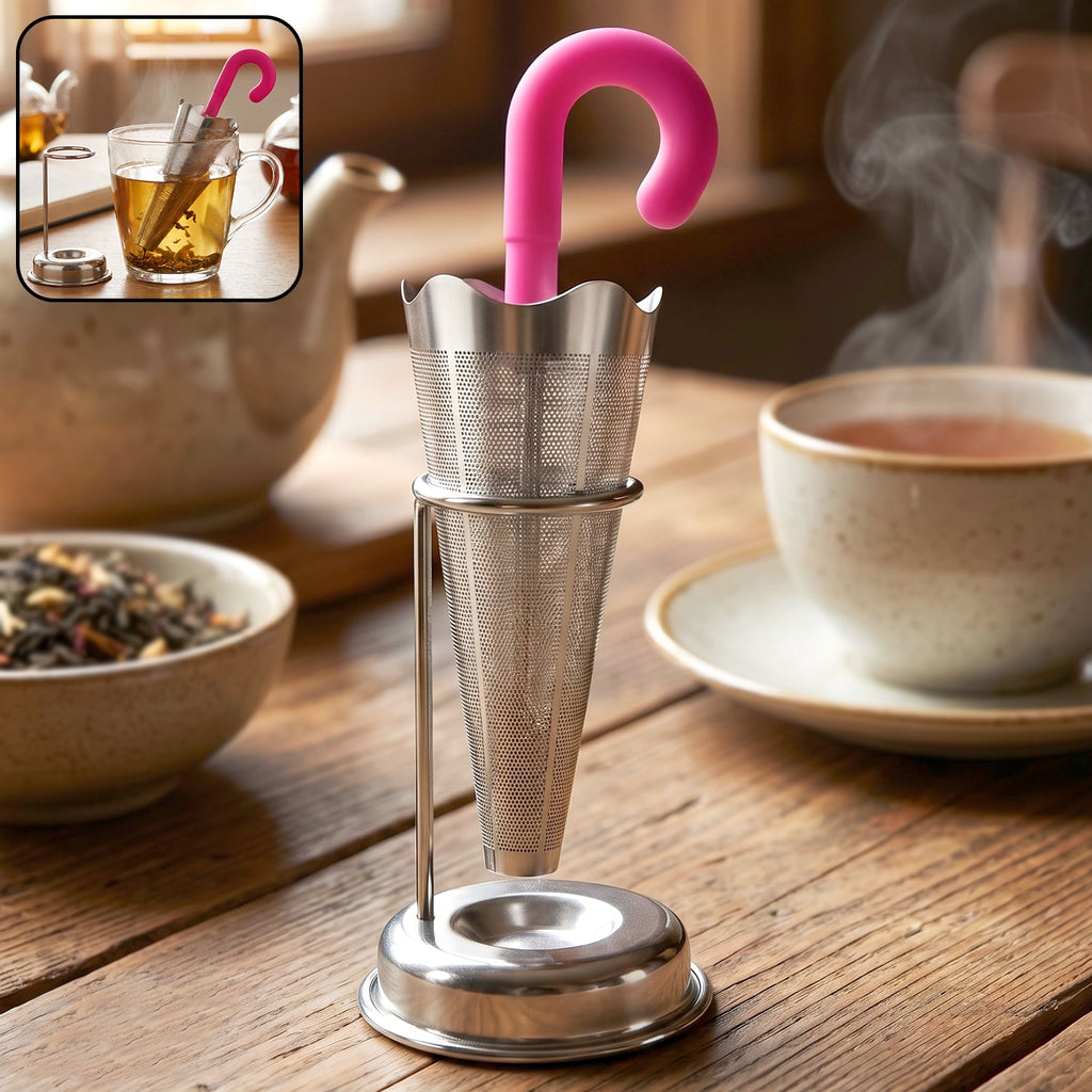 Stainless Steel Tea Strainer Umbrella Design & Drip Tray | Siplix