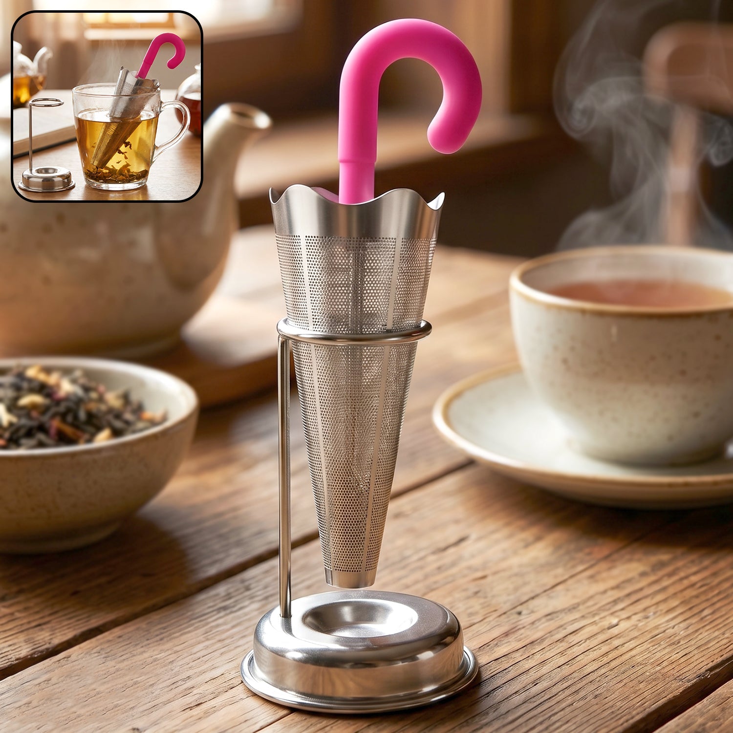 Stainless Steel Tea Strainer Umbrella Design & Drip Tray | Siplix