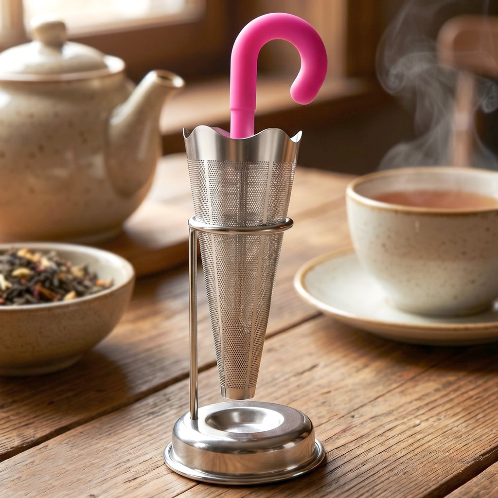 Stainless Steel Tea Strainer Umbrella Design & Drip Tray | Siplix - Detail View 7
