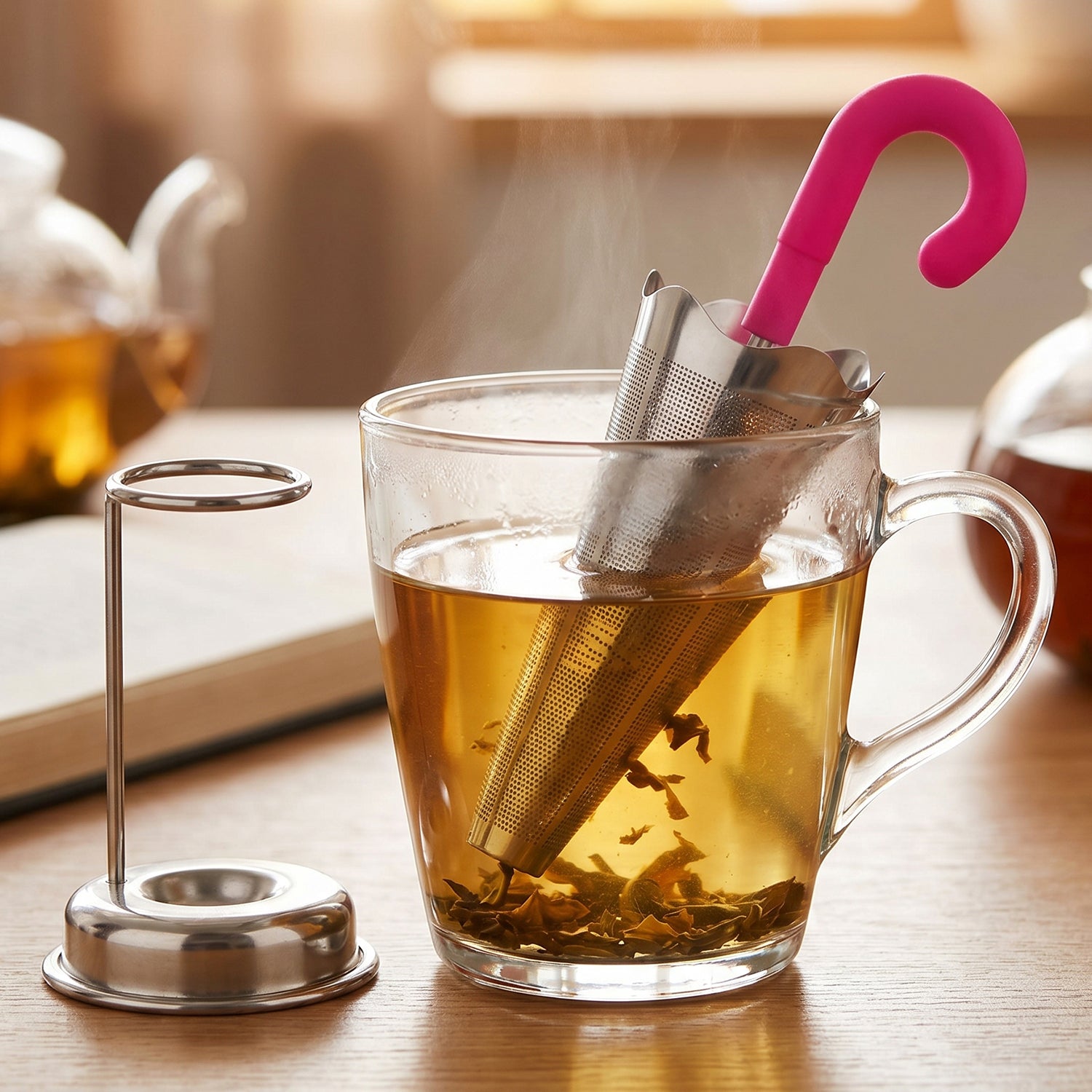 Stainless Steel Tea Strainer Umbrella Design & Drip Tray | Siplix - Front View