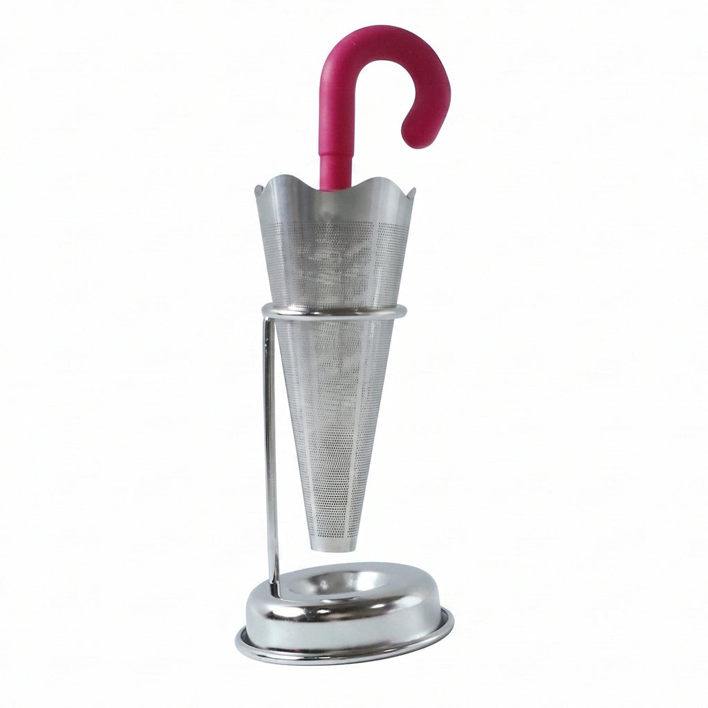 Stainless Steel Tea Strainer Umbrella Design & Drip Tray | Siplix - Back View
