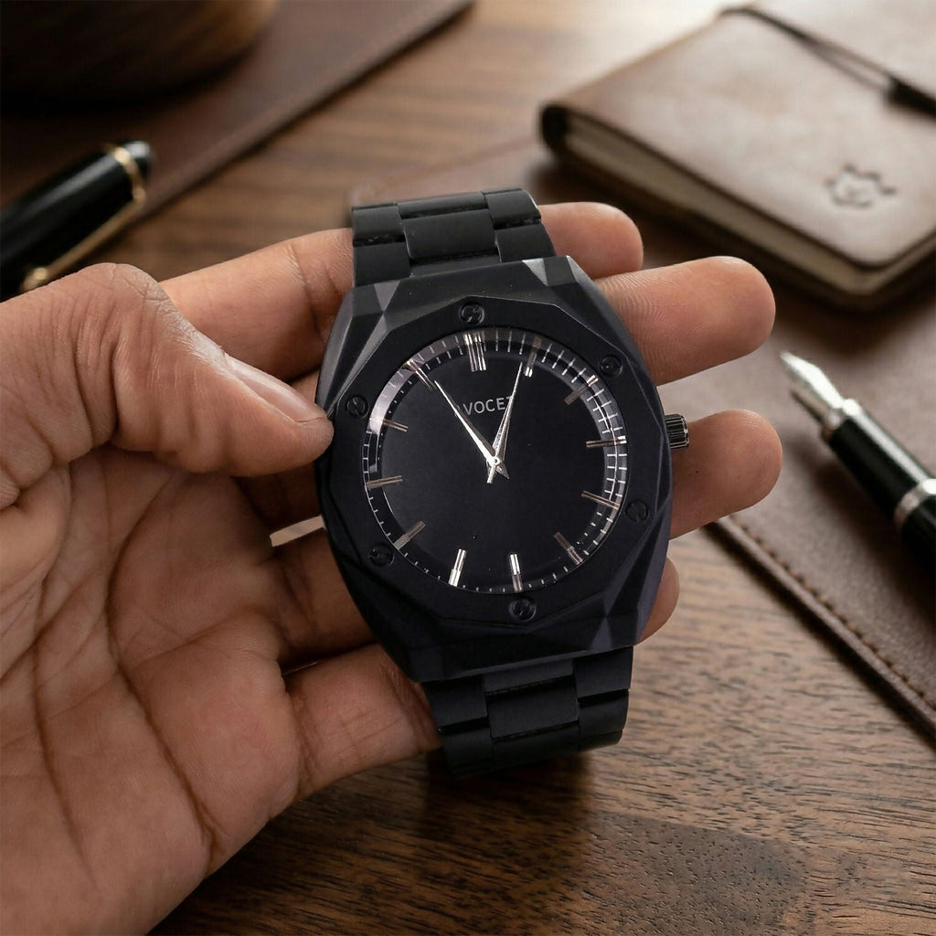 Luxury Matte Black Analog Watch – Elegant Geometric Dial & Metal Strap